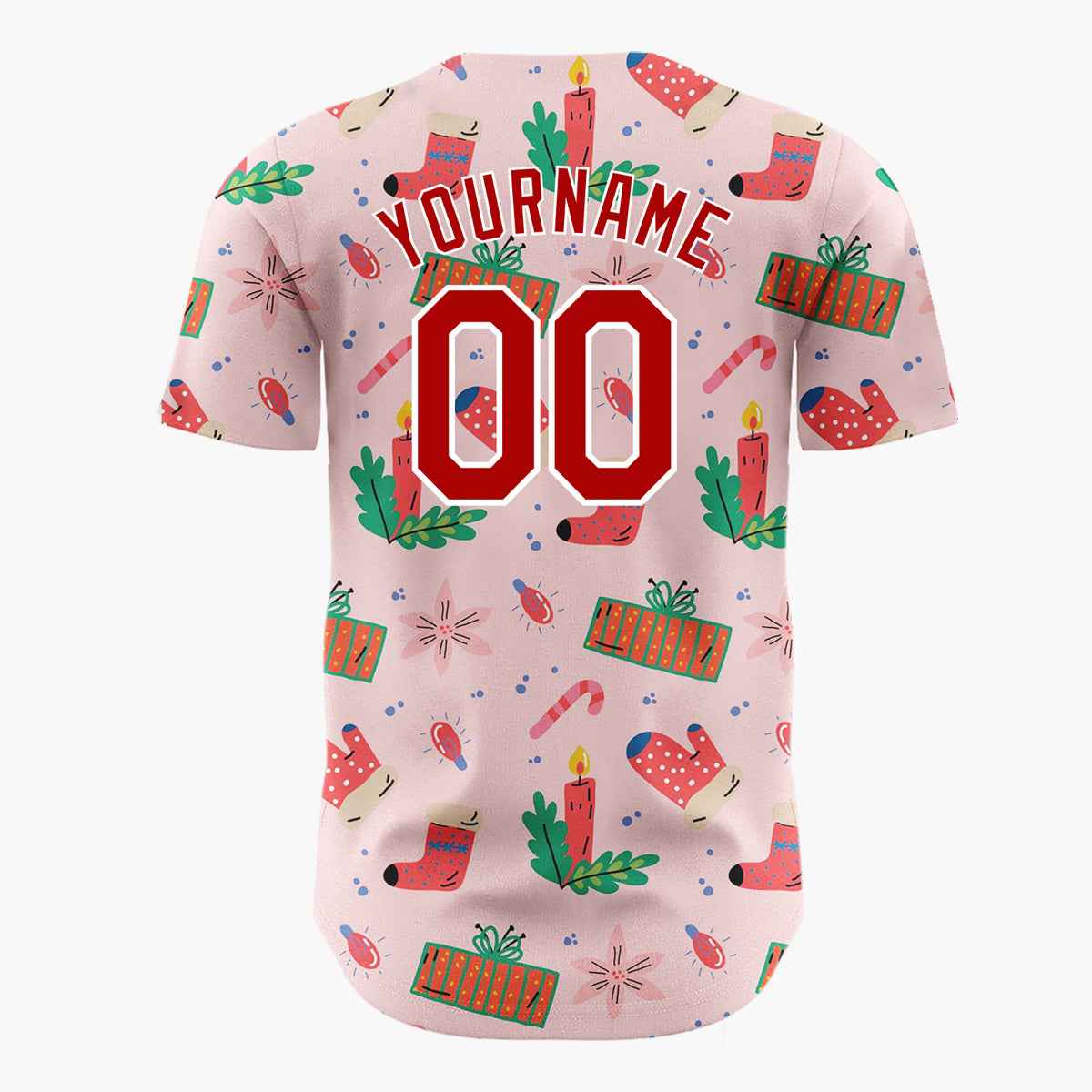 Custom Pink Red Mittens Candles And Gifts Playful Christmas Baseball Jersey