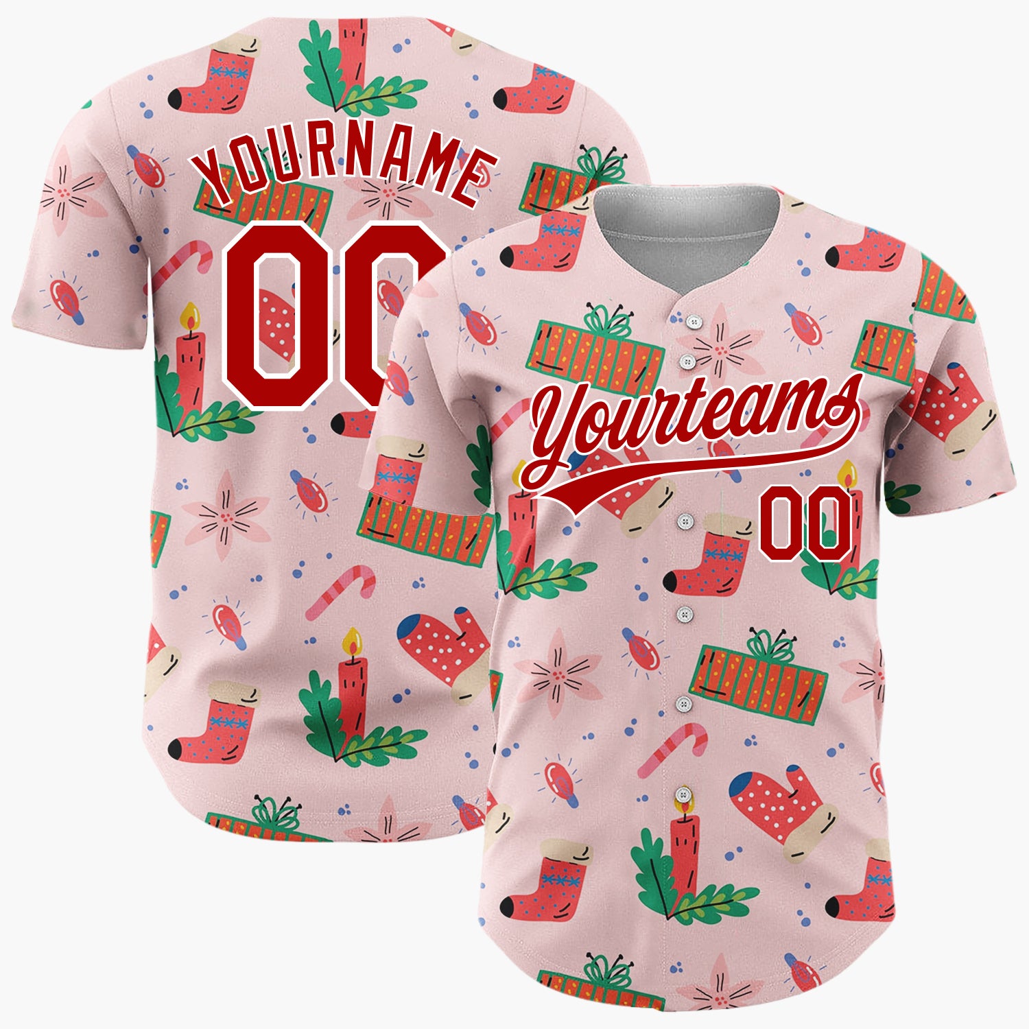 Custom Pink Red Mittens Candles And Gifts Playful Christmas Baseball Jersey