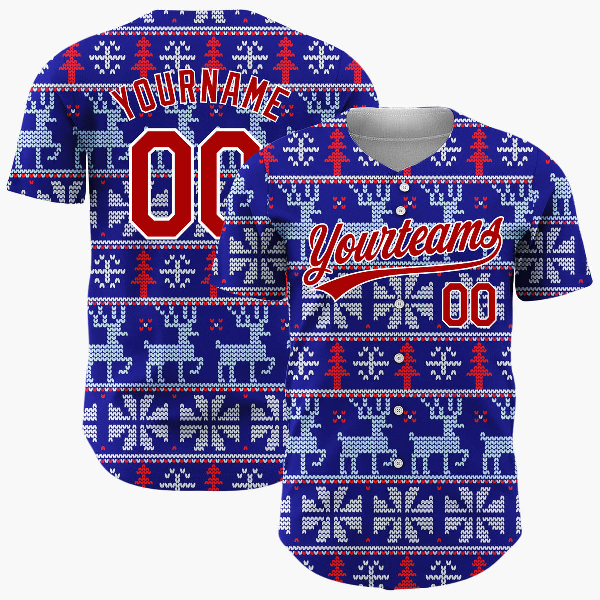 Custom Navy Blue Reindeer Nordic Knitted Pattern Christmas Baseball Jersey