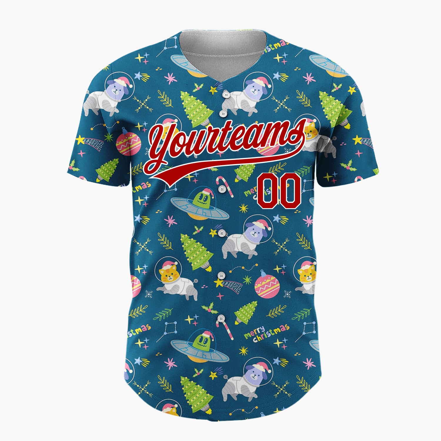 Custom Navy Blue Space Cats UFOs Funny Animals Cartoon Pattern Christmas Baseball Jersey