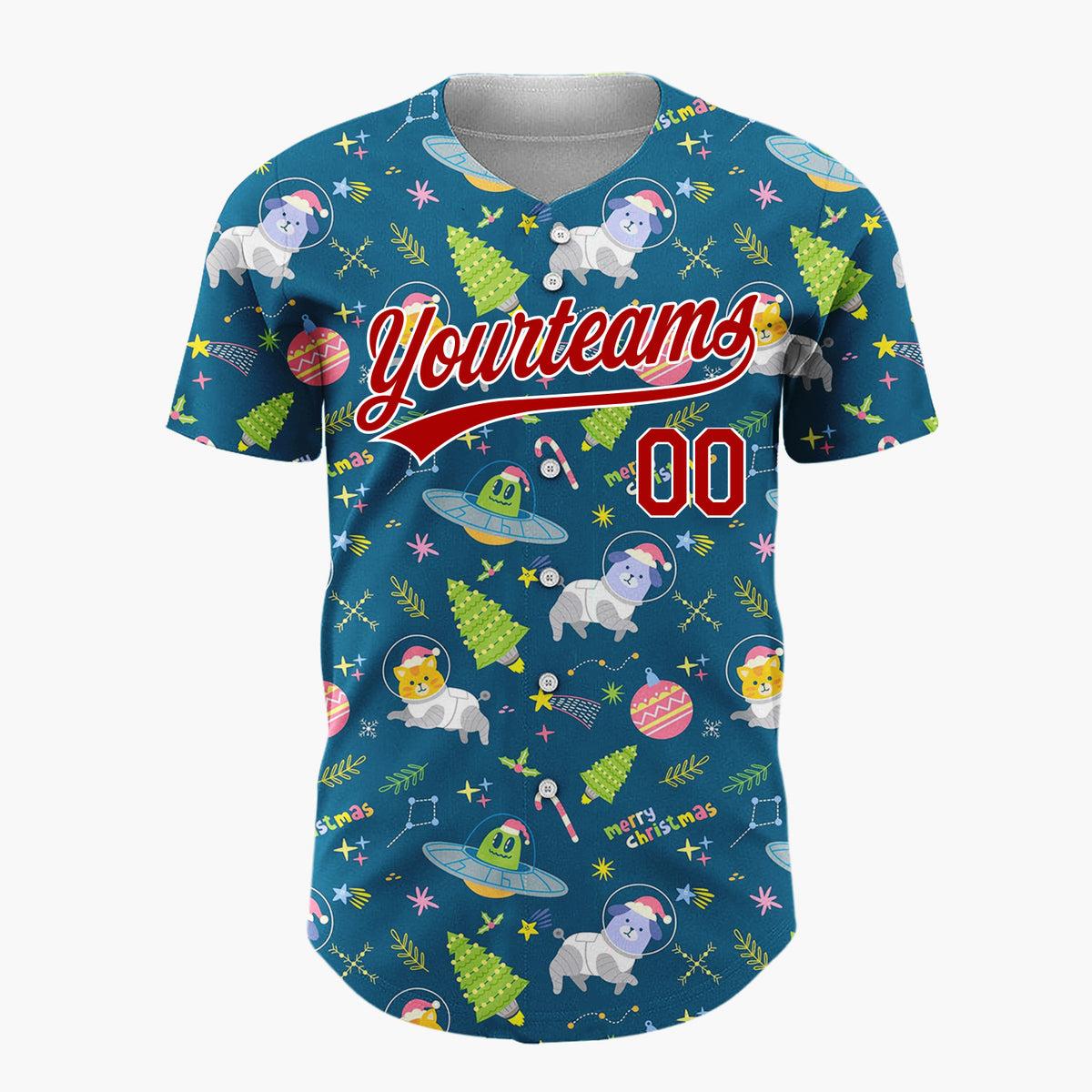 Custom Navy Blue Space Cats UFOs Funny Animals Cartoon Pattern Christmas Baseball Jersey