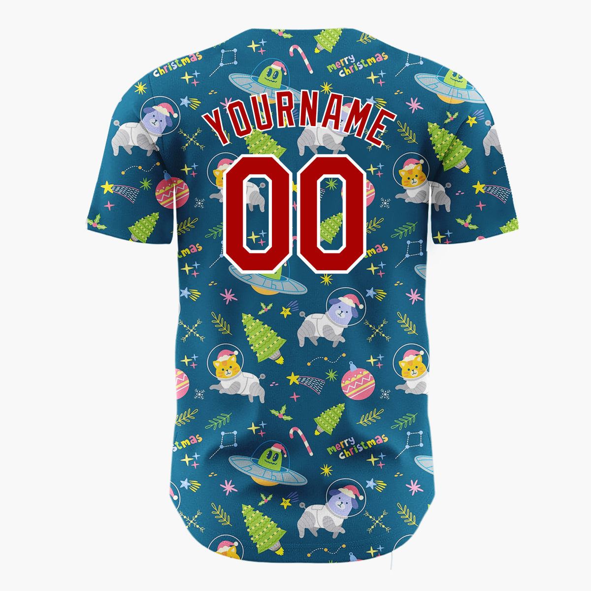 Custom Navy Blue Space Cats UFOs Funny Animals Cartoon Pattern Christmas Baseball Jersey