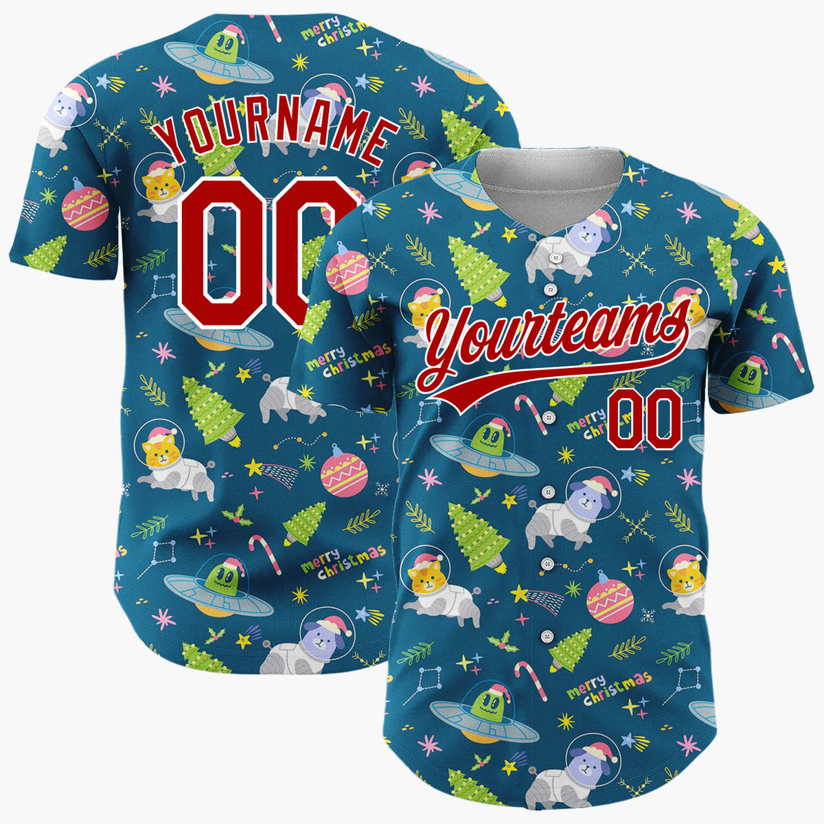 Custom Navy Blue Space Cats UFOs Funny Animals Cartoon Pattern Christmas Baseball Jersey