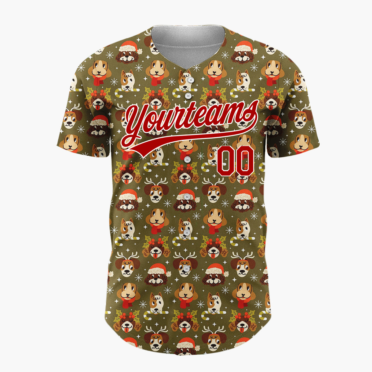 Custom Olive Green Brown Holiday Dogs Cute Pet Pattern Christmas Baseball Jersey