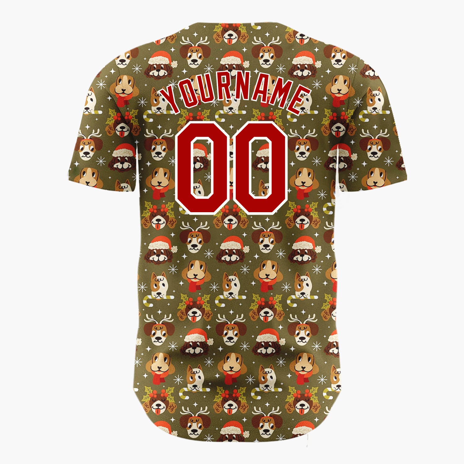 Custom Olive Green Brown Holiday Dogs Cute Pet Pattern Christmas Baseball Jersey