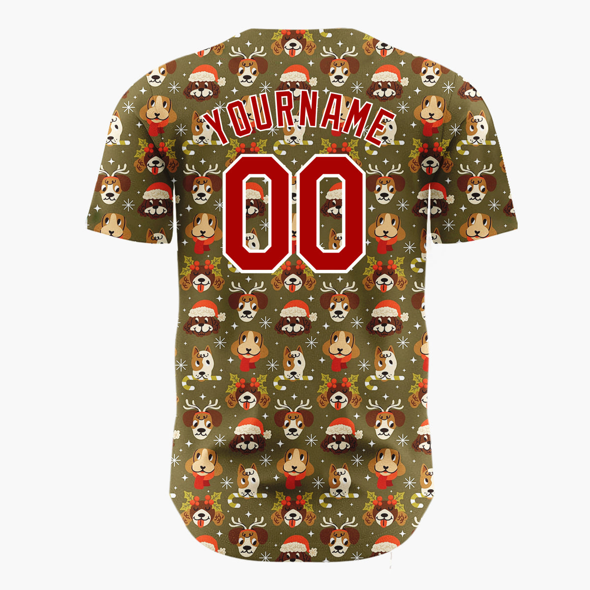Custom Olive Green Brown Holiday Dogs Cute Pet Pattern Christmas Baseball Jersey