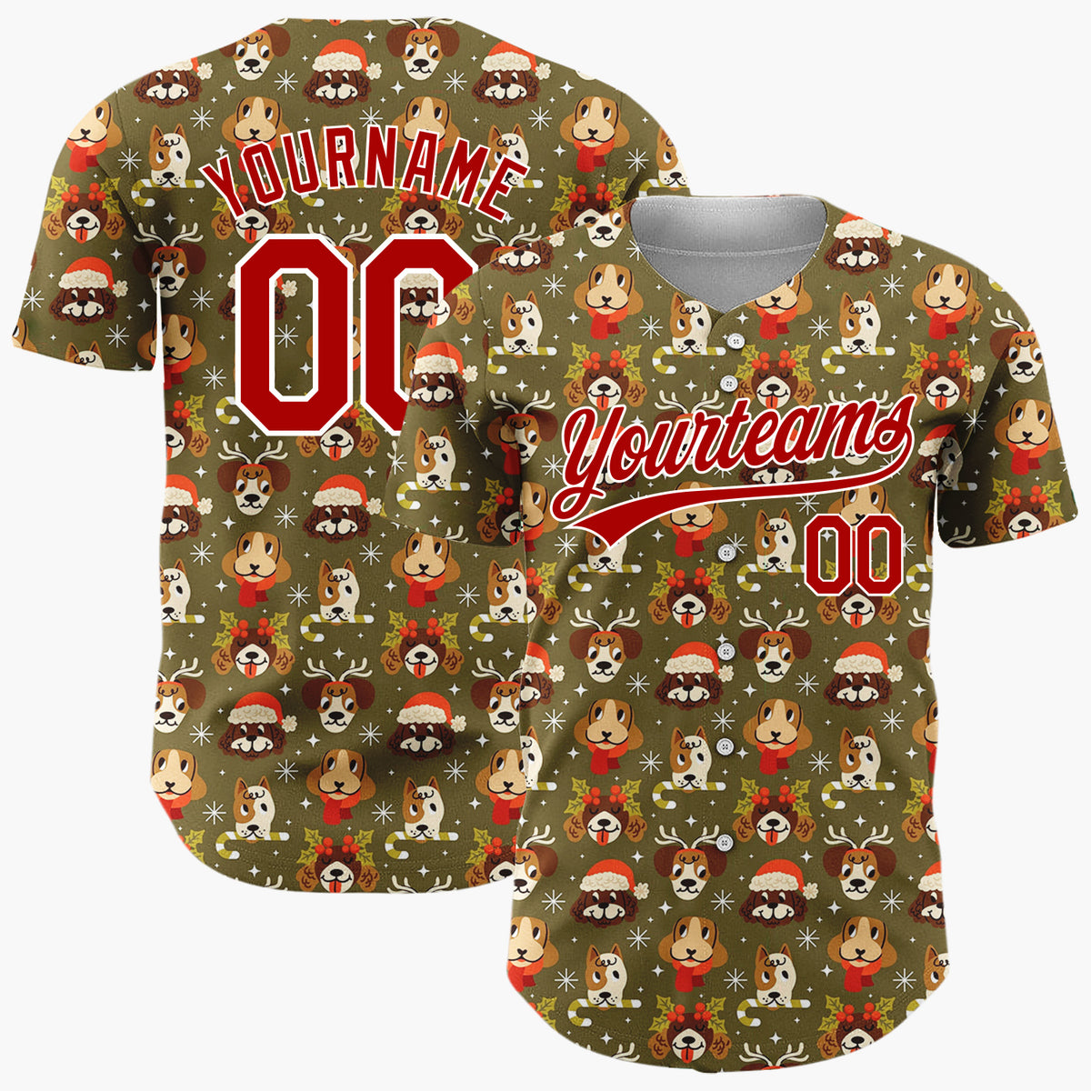 Custom Olive Green Brown Holiday Dogs Cute Pet Pattern Christmas Baseball Jersey