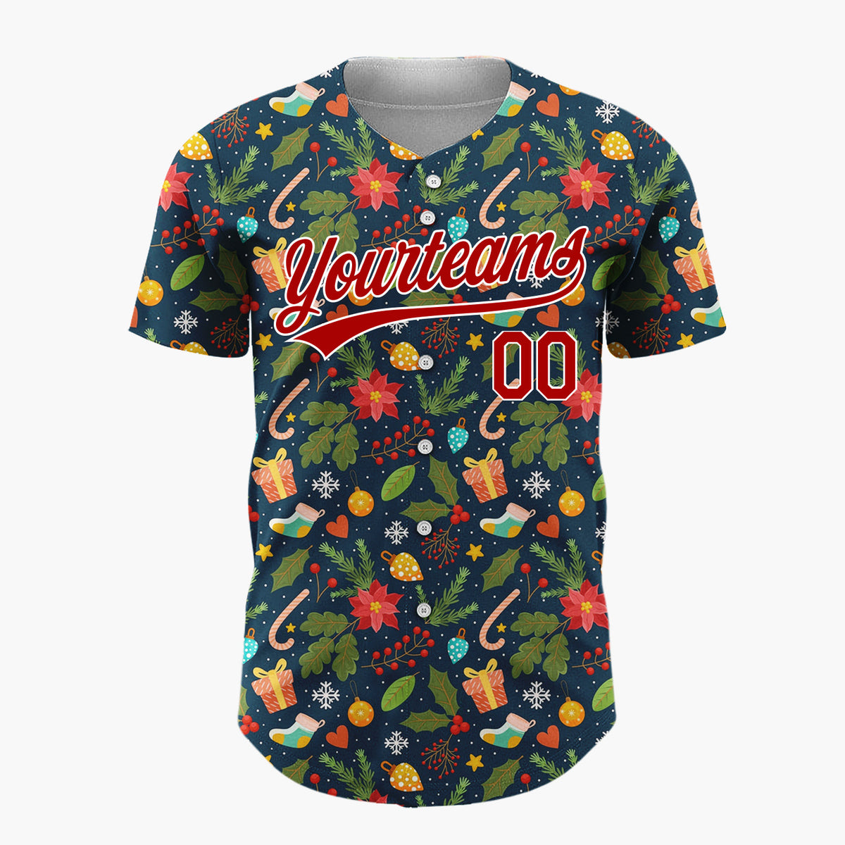 Custom Navy Red Poinsettias Gifts And Candy Canes Festive Christmas Baseball Jersey