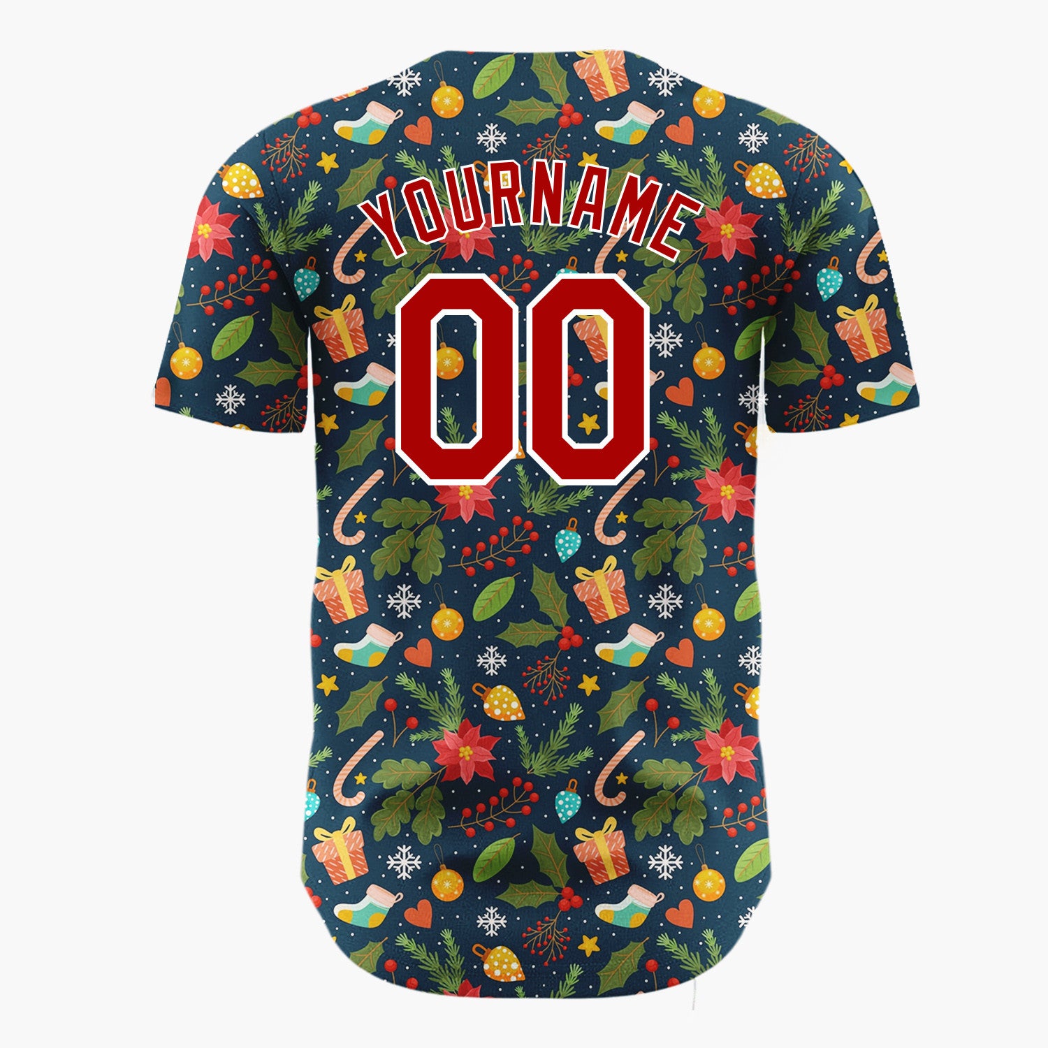 Custom Navy Red Poinsettias Gifts And Candy Canes Festive Christmas Baseball Jersey
