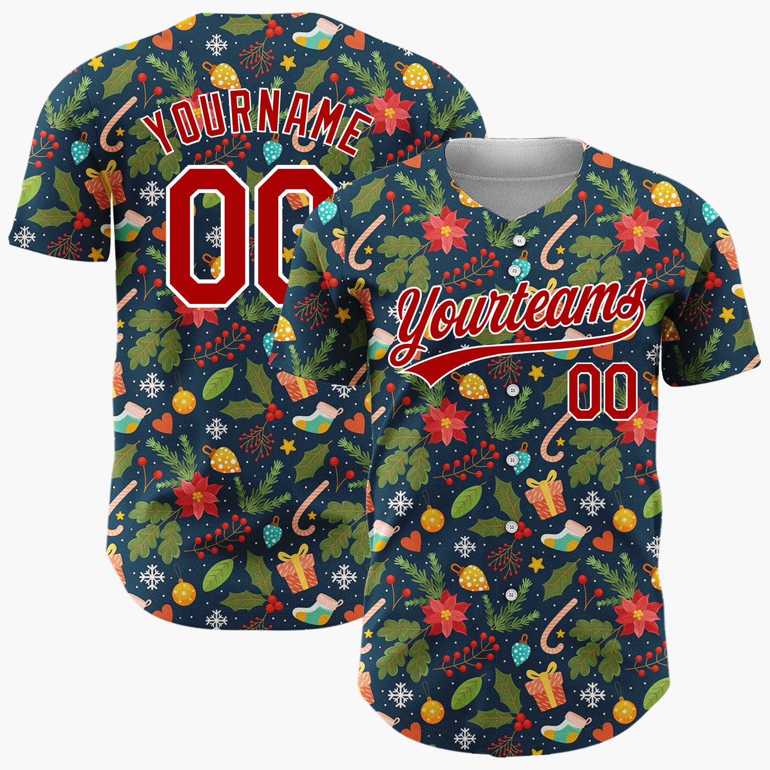 Custom Navy Red Poinsettias Gifts And Candy Canes Festive Christmas Baseball Jersey