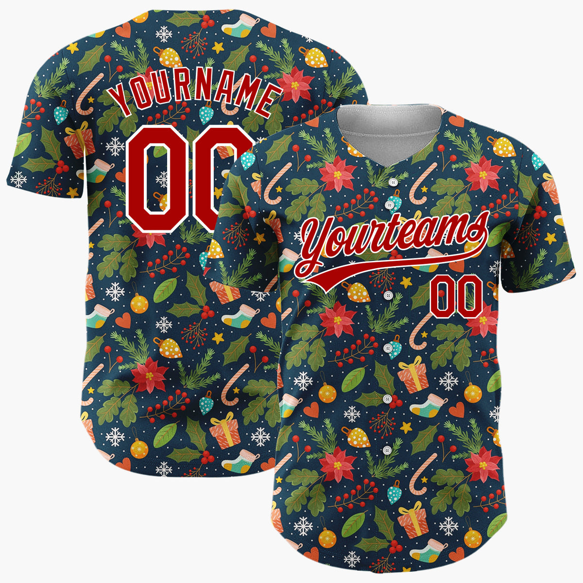 Custom Navy Red Poinsettias Gifts And Candy Canes Festive Christmas Baseball Jersey