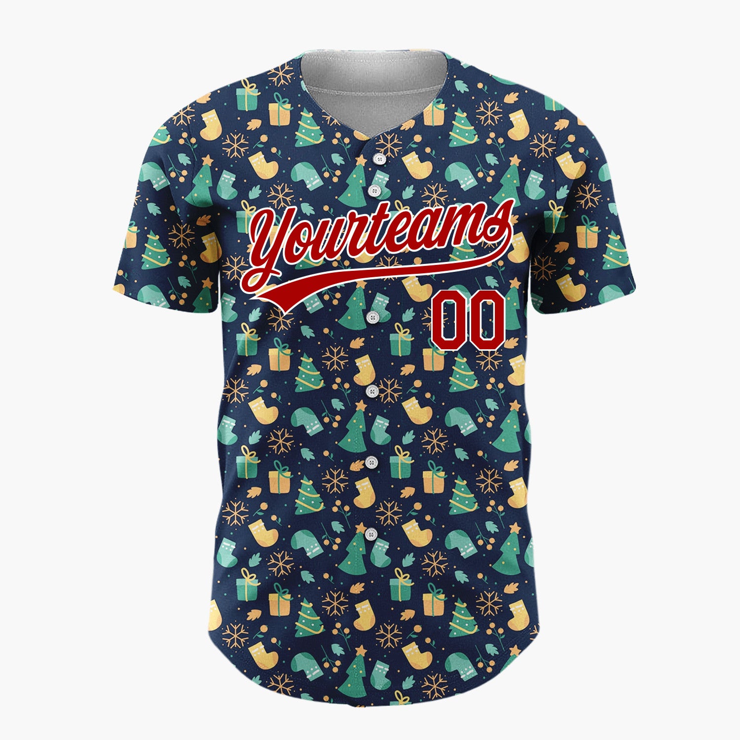 Custom Navy Green Yellow Trees Gifts And Snowflakes Festive Christmas Baseball Jersey