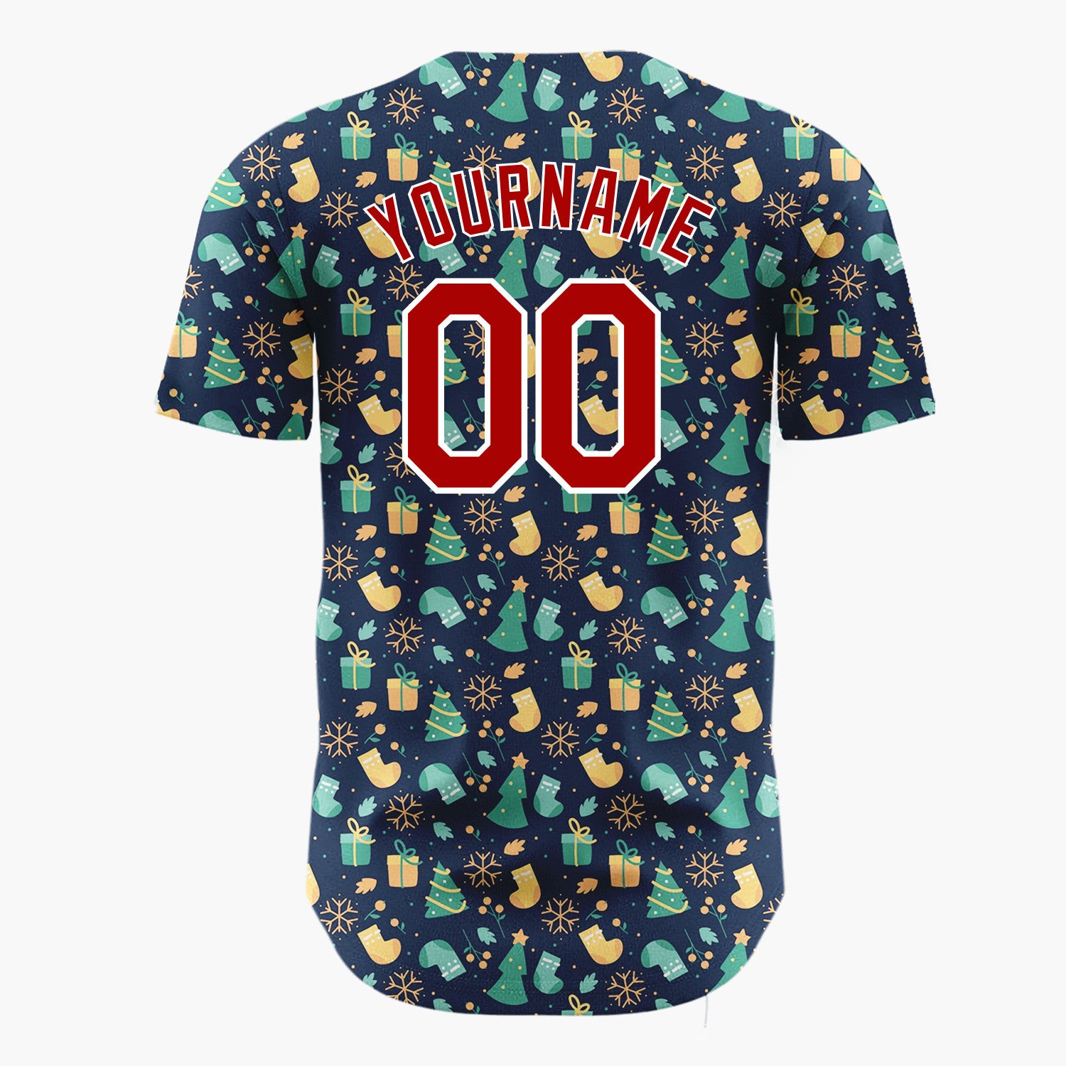 Custom Navy Green Yellow Trees Gifts And Snowflakes Festive Christmas Baseball Jersey