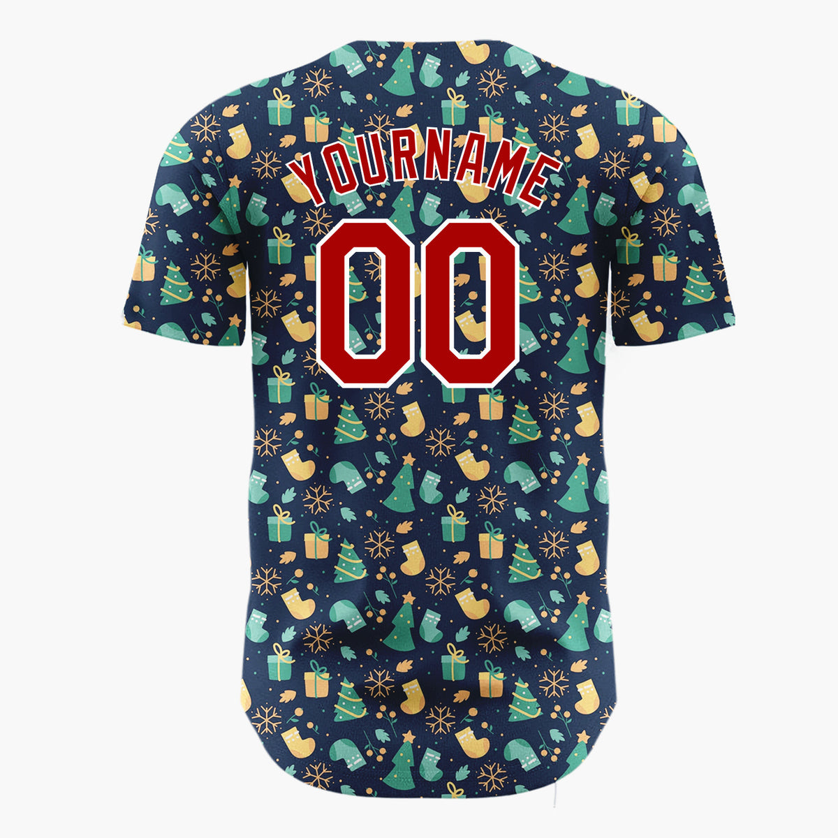 Custom Navy Green Yellow Trees Gifts And Snowflakes Festive Christmas Baseball Jersey