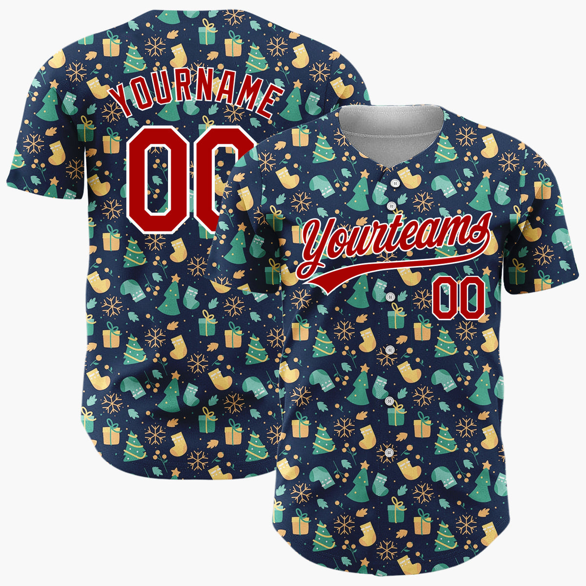 Custom Navy Green Yellow Trees Gifts And Snowflakes Festive Christmas Baseball Jersey