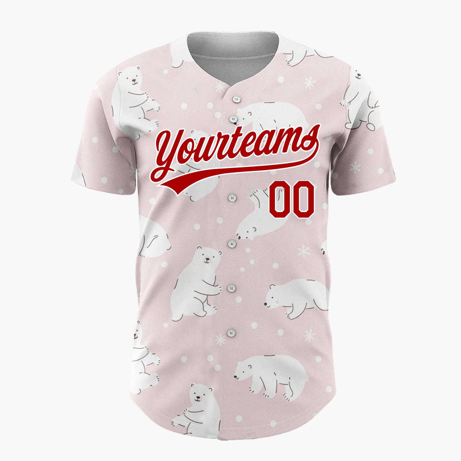 Custom Pink White Polar Bears With Snowflakes Gentle Winter Pattern Christmas Baseball Jersey