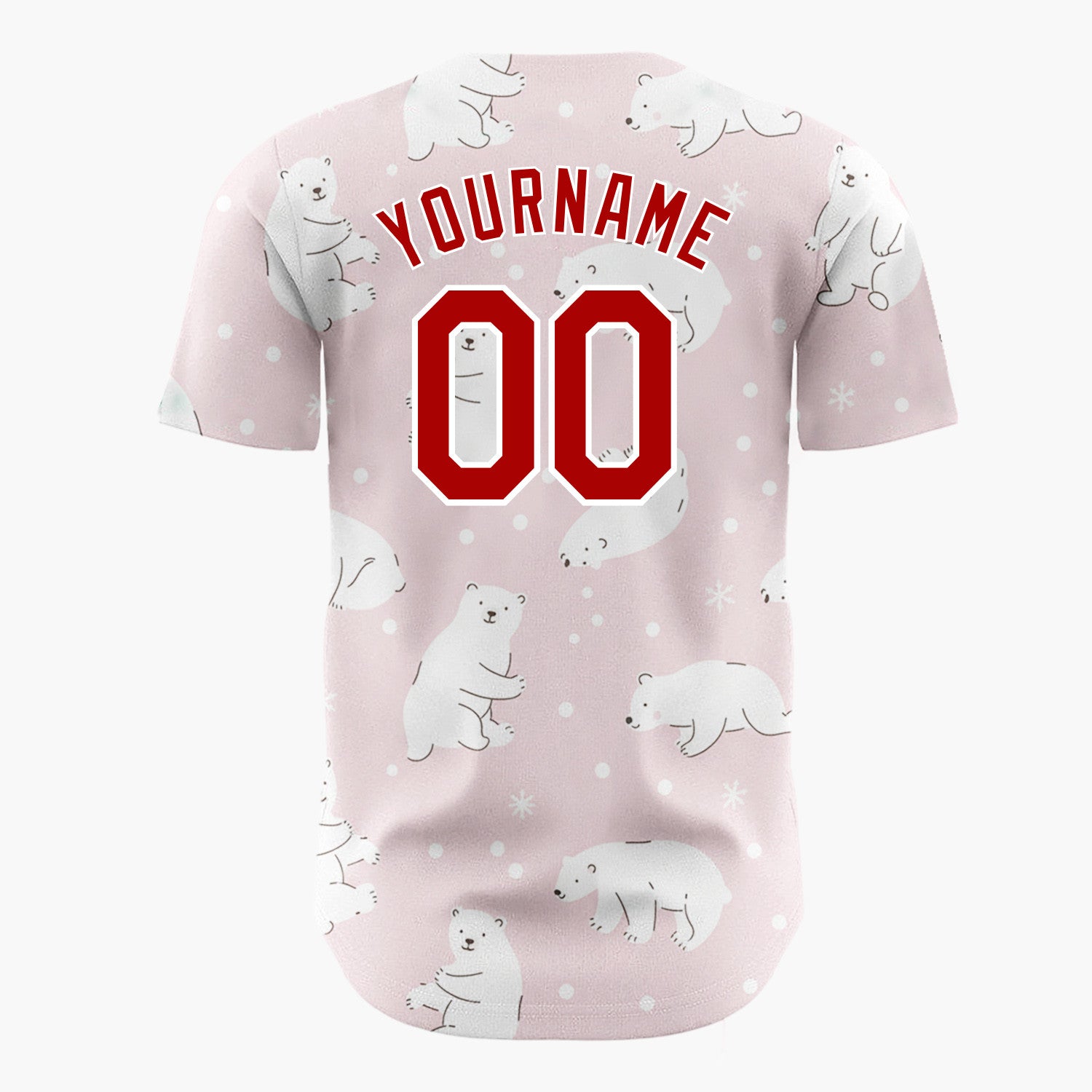 Custom Pink White Polar Bears With Snowflakes Gentle Winter Pattern Christmas Baseball Jersey