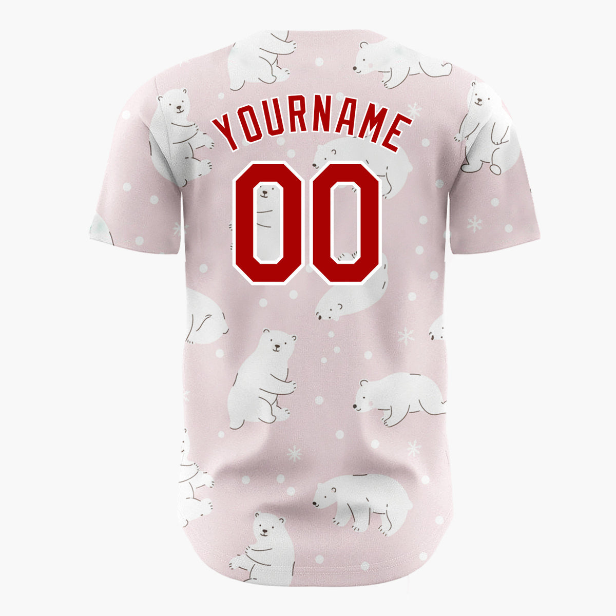 Custom Pink White Polar Bears With Snowflakes Gentle Winter Pattern Christmas Baseball Jersey