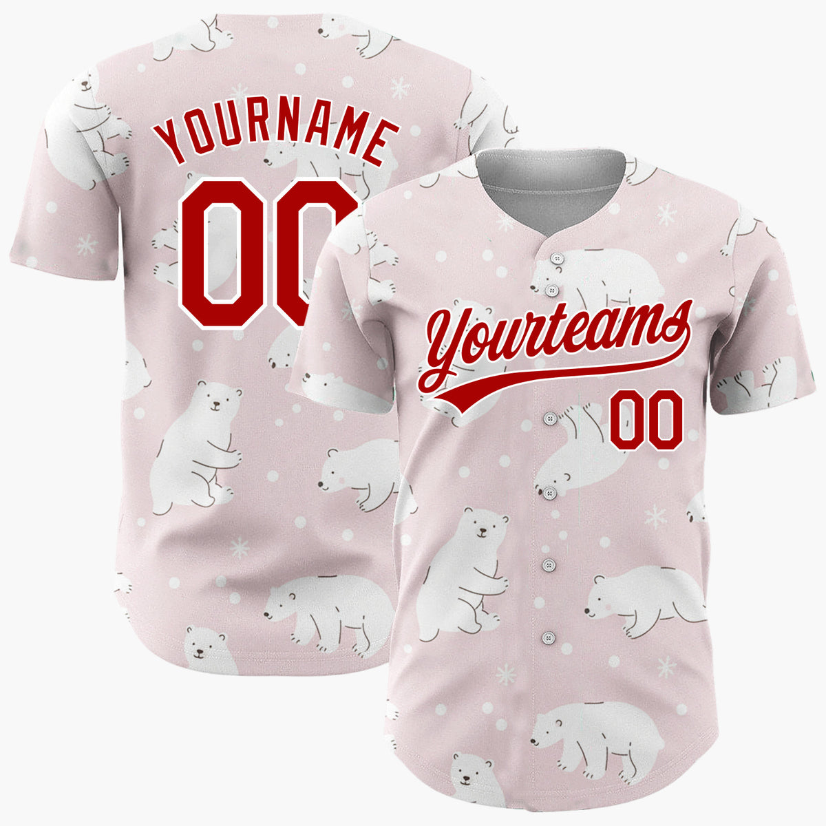 Custom Pink White Polar Bears With Snowflakes Gentle Winter Pattern Christmas Baseball Jersey