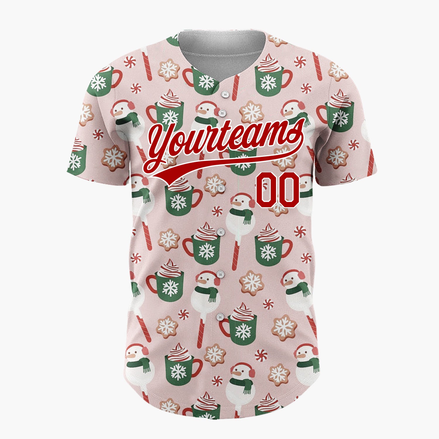 Custom Pink Green Snowmen Hot Chocolate And Cookies Festive Holiday Pattern Christmas Baseball Jersey