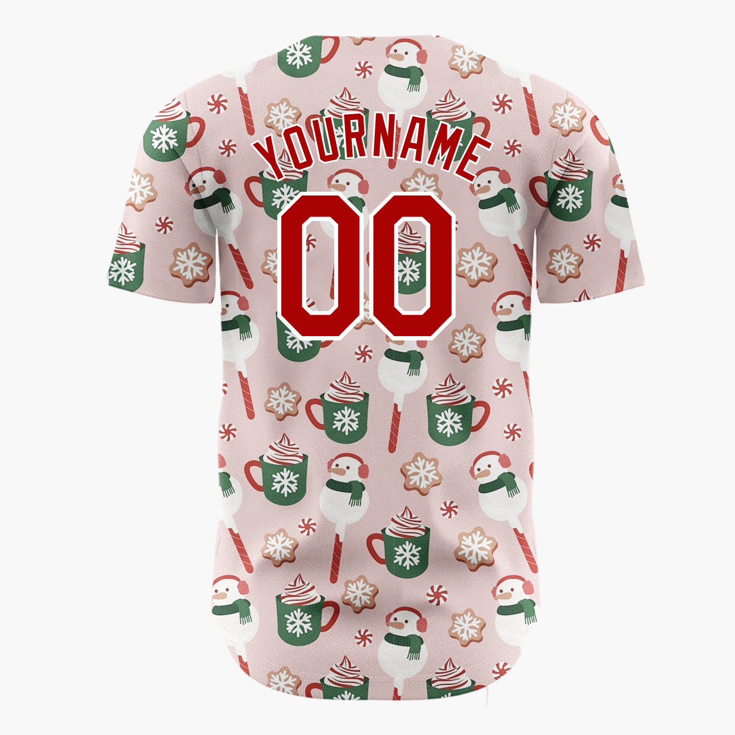 Custom Pink Green Snowmen Hot Chocolate And Cookies Festive Holiday Pattern Christmas Baseball Jersey