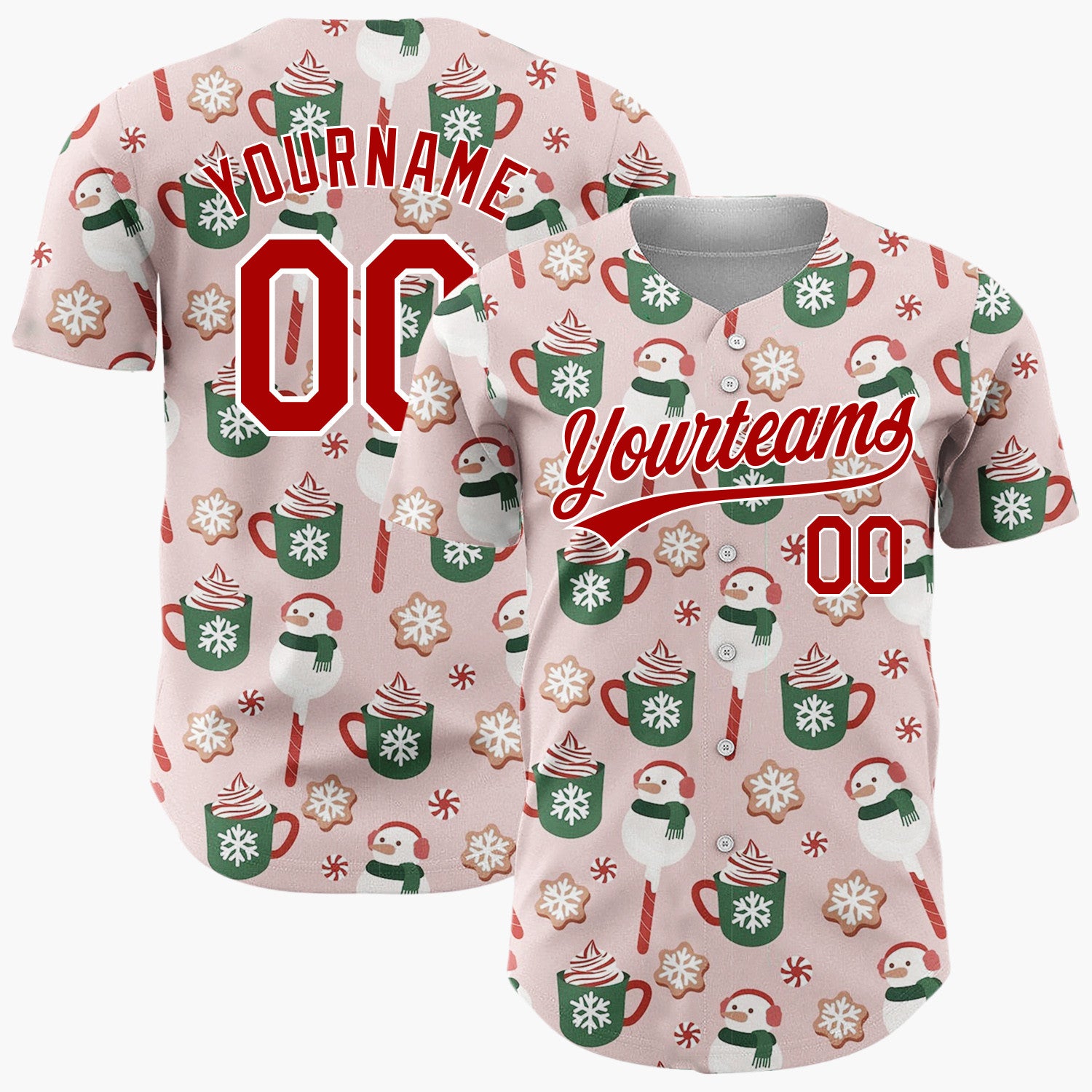 Custom Pink Green Snowmen Hot Chocolate And Cookies Festive Holiday Pattern Christmas Baseball Jersey