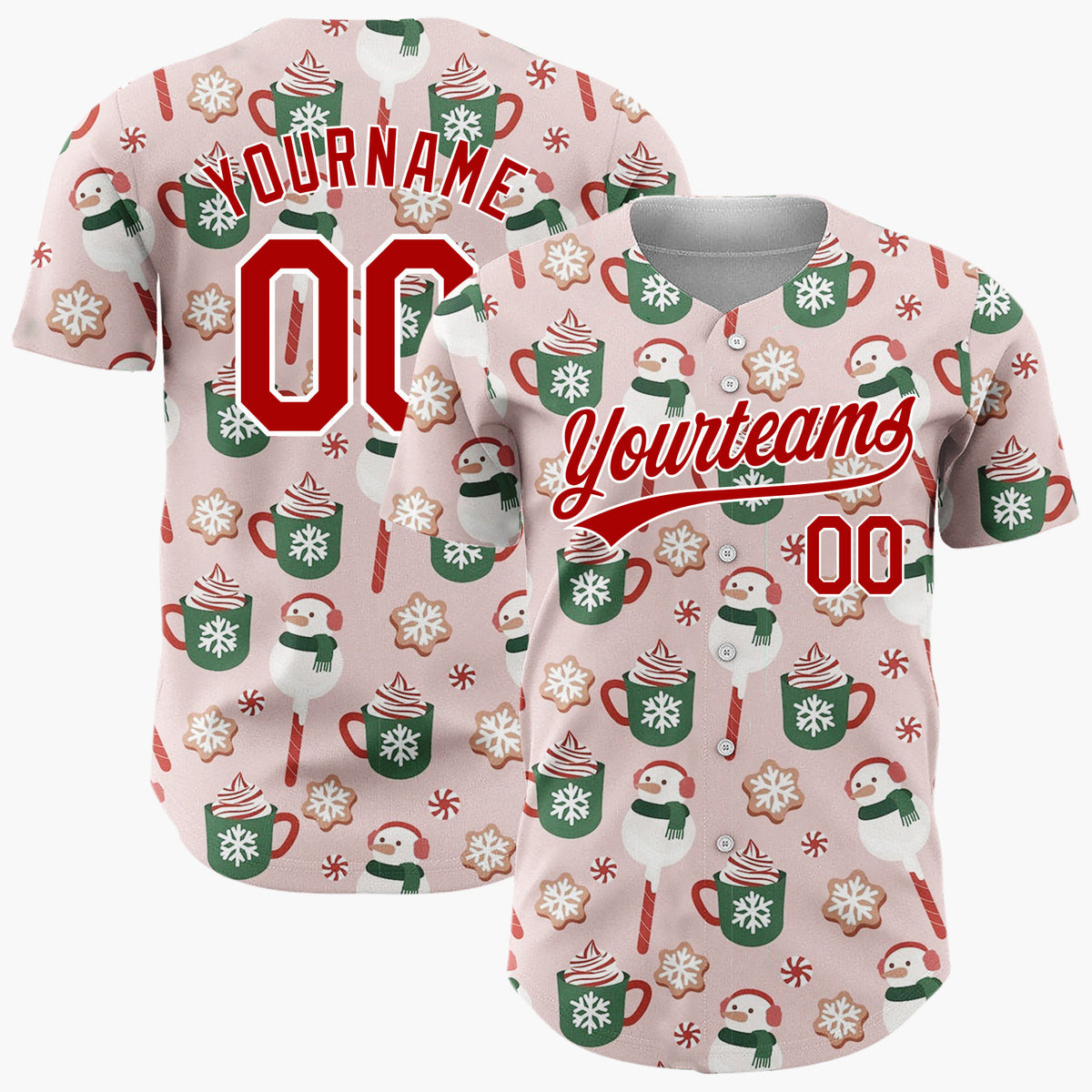 Custom Pink Green Snowmen Hot Chocolate And Cookies Festive Holiday Pattern Christmas Baseball Jersey
