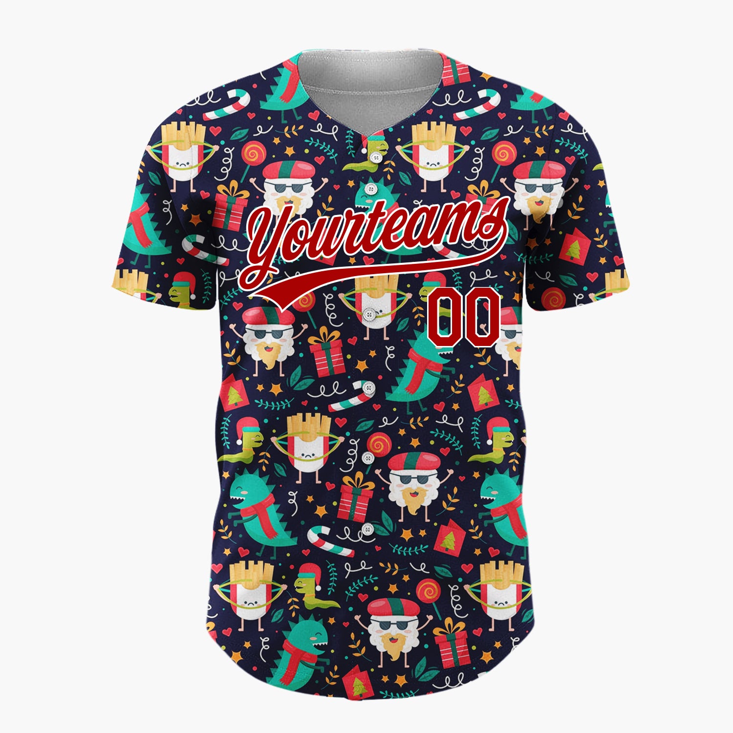Custom Navy Multicolor Dinosaur Fry Santa Pop Culture Christmas Baseball Jersey