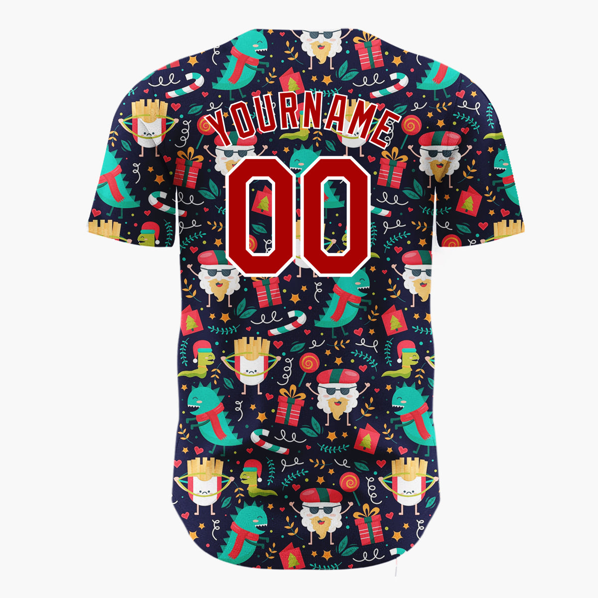 Custom Navy Multicolor Dinosaur Fry Santa Pop Culture Christmas Baseball Jersey