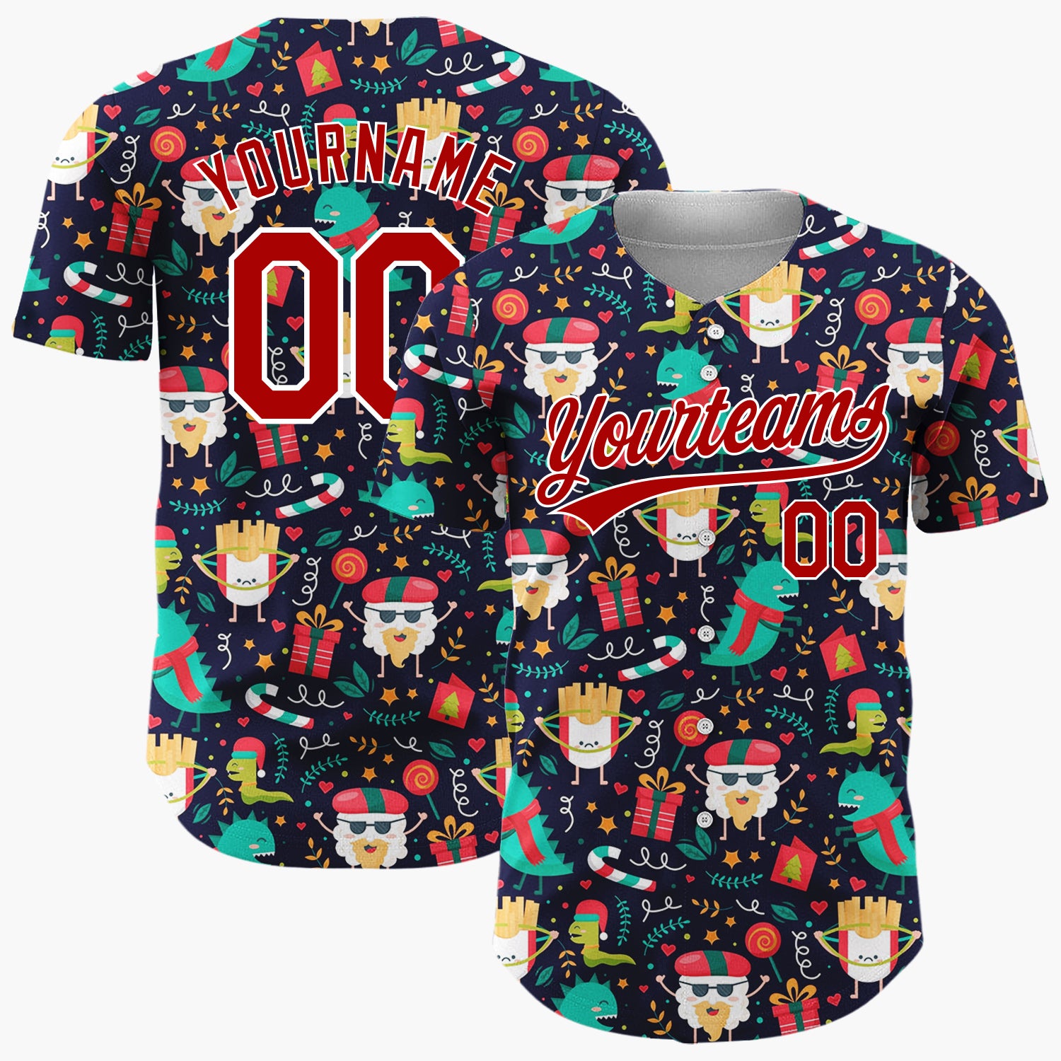 Custom Navy Multicolor Dinosaur Fry Santa Pop Culture Christmas Baseball Jersey