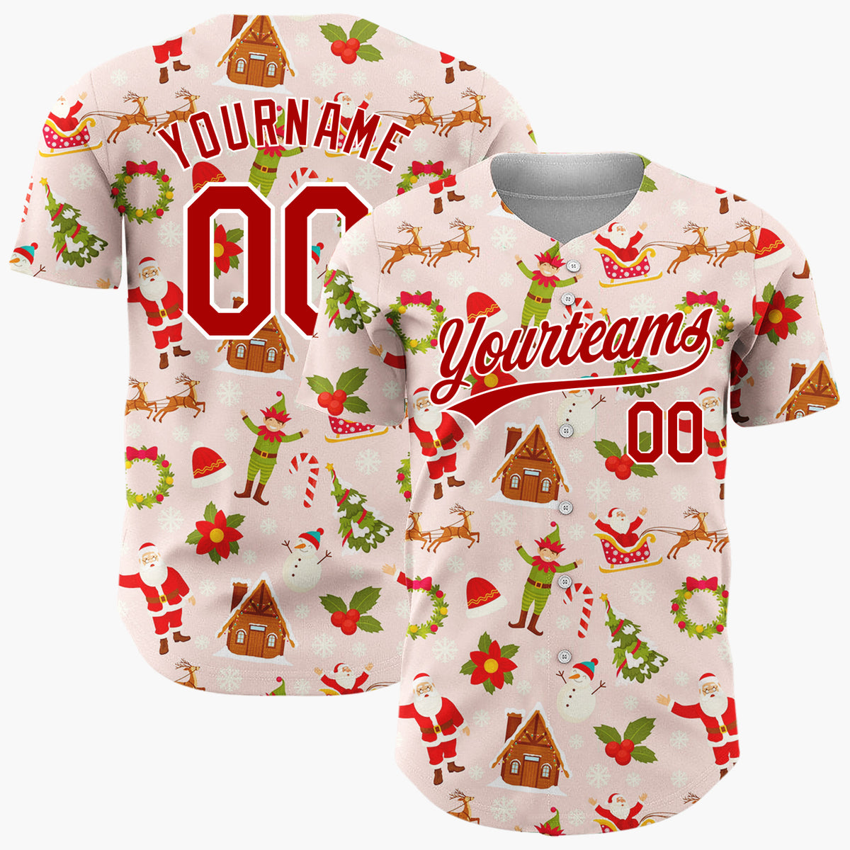Custom Pink Red Santa Elf Village Christmas Baseball Jersey