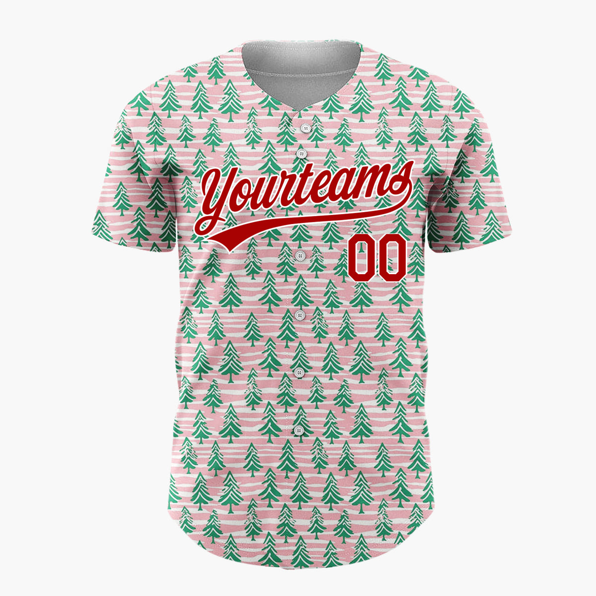 Custom Pink Green Christmas Trees Wavy Stripes Hand Drawn Christmas Baseball Jersey
