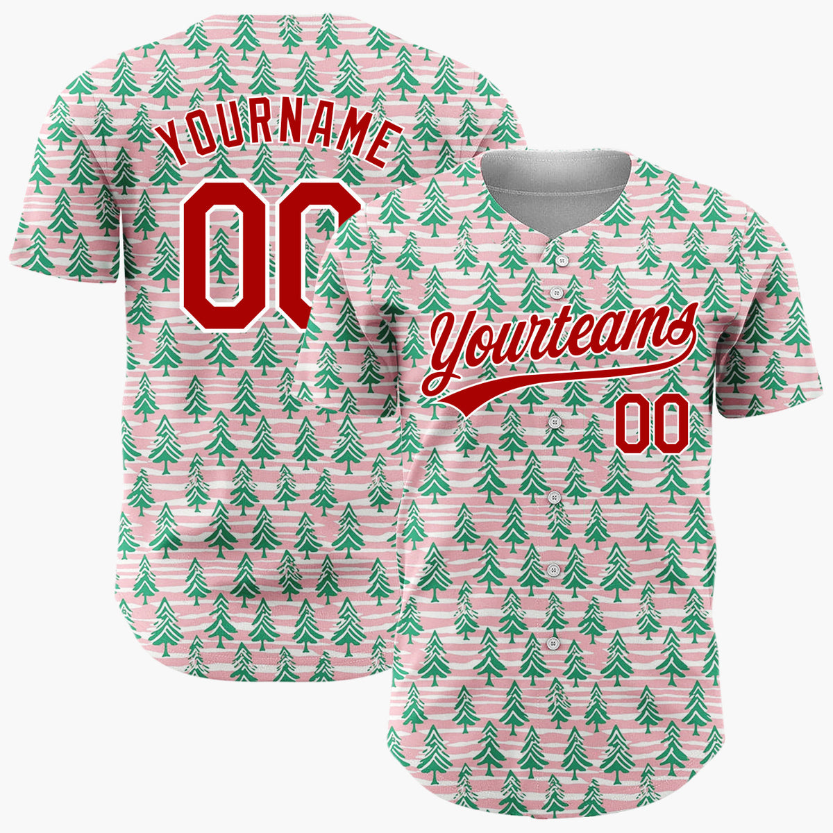 Custom Pink Green Christmas Trees Wavy Stripes Hand Drawn Christmas Baseball Jersey