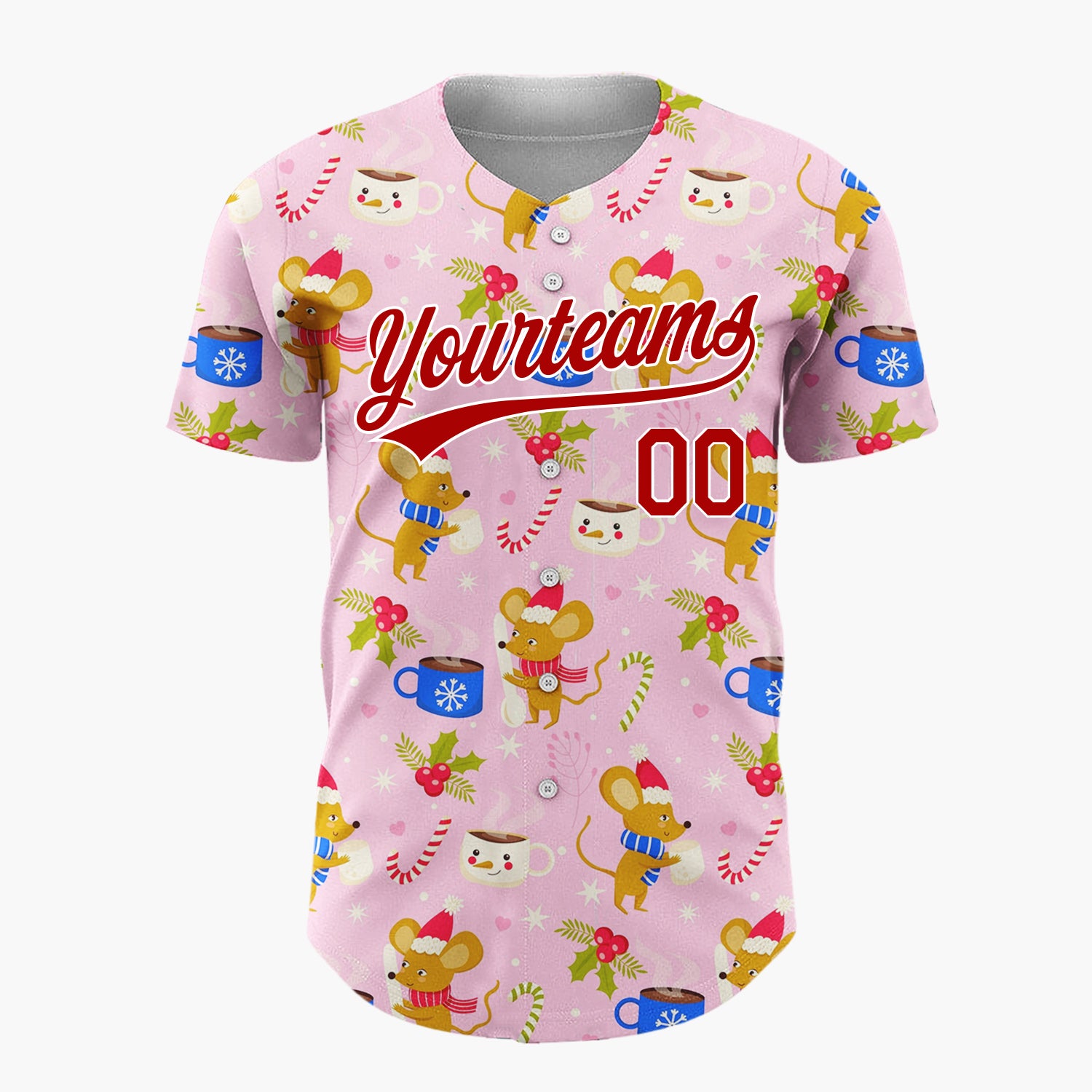 Custom Pink Blue Mice Cocoa Cups And Candy Canes Cozy Christmas Baseball Jersey