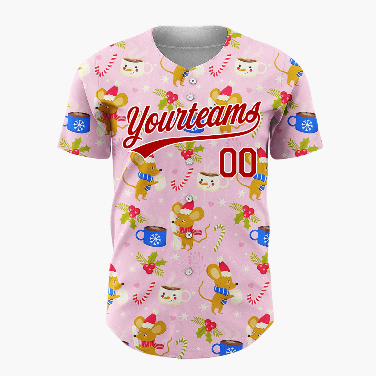 Custom Pink Blue Mice Cocoa Cups And Candy Canes Cozy Christmas Baseball Jersey