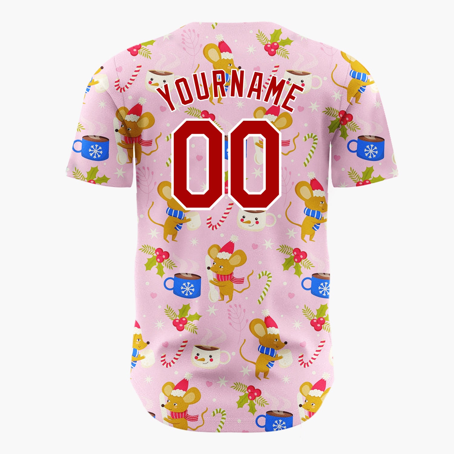 Custom Pink Blue Mice Cocoa Cups And Candy Canes Cozy Christmas Baseball Jersey