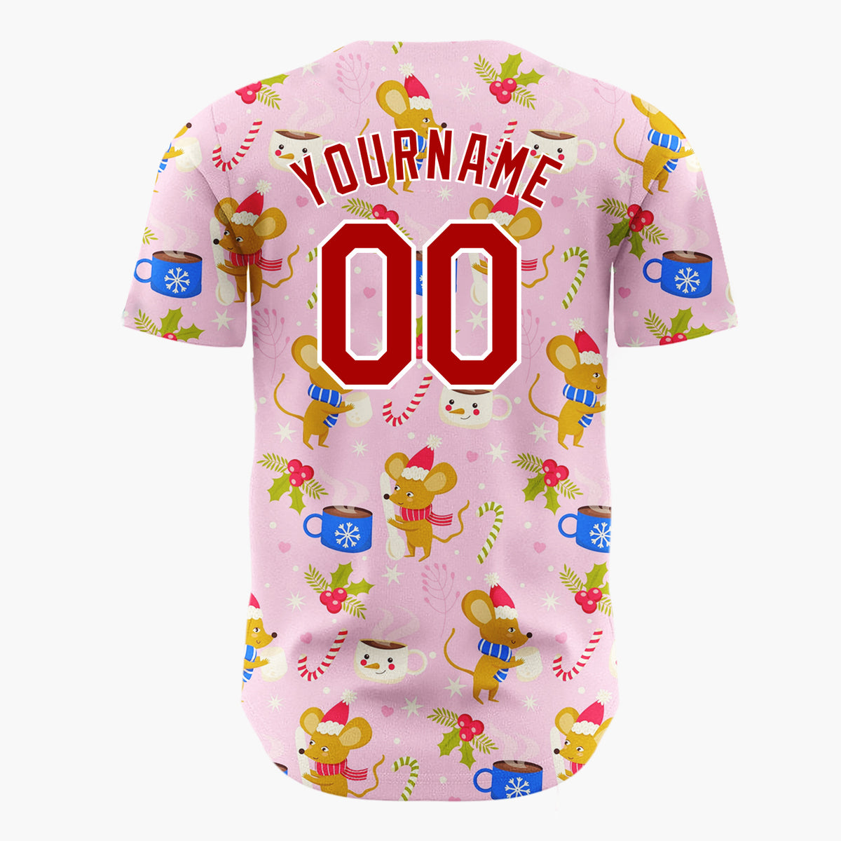 Custom Pink Blue Mice Cocoa Cups And Candy Canes Cozy Christmas Baseball Jersey