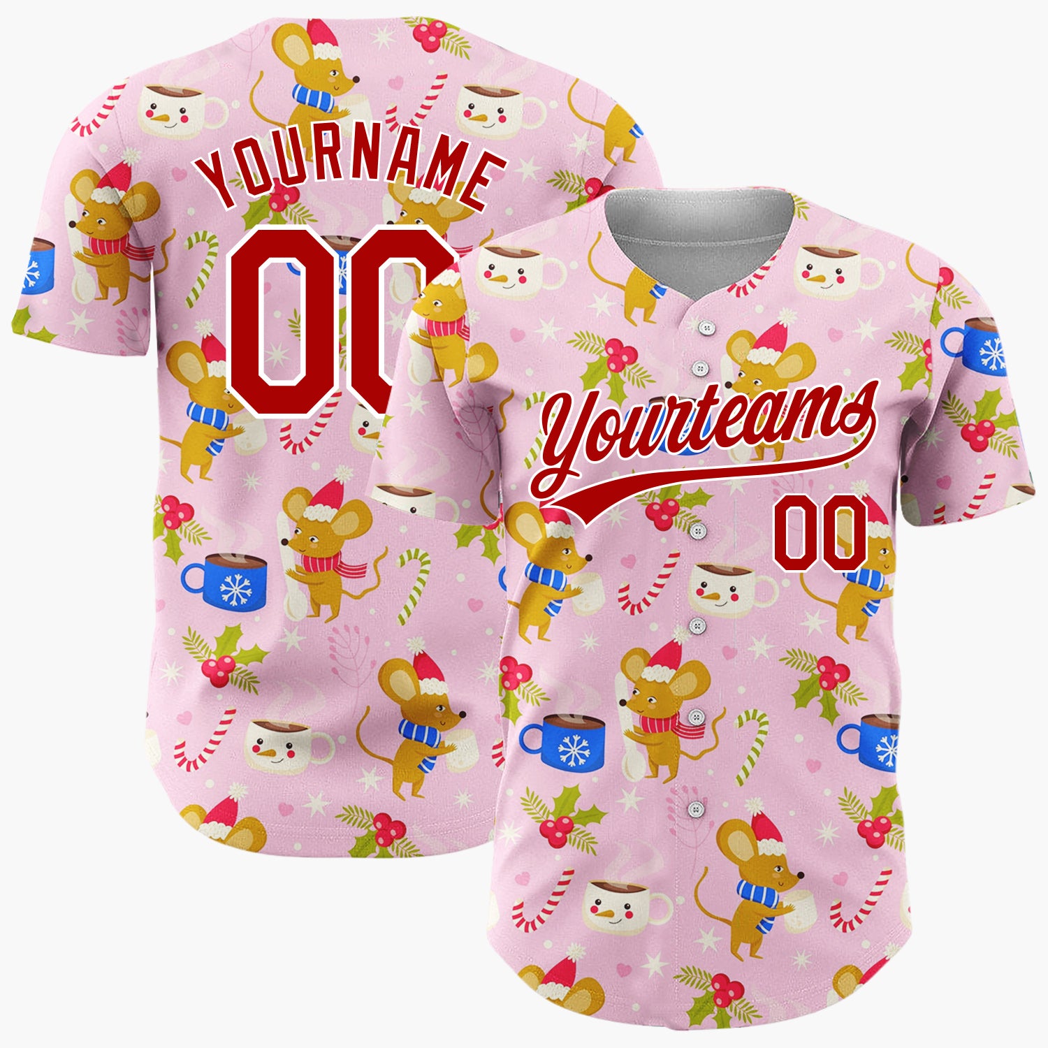 Custom Pink Blue Mice Cocoa Cups And Candy Canes Cozy Christmas Baseball Jersey