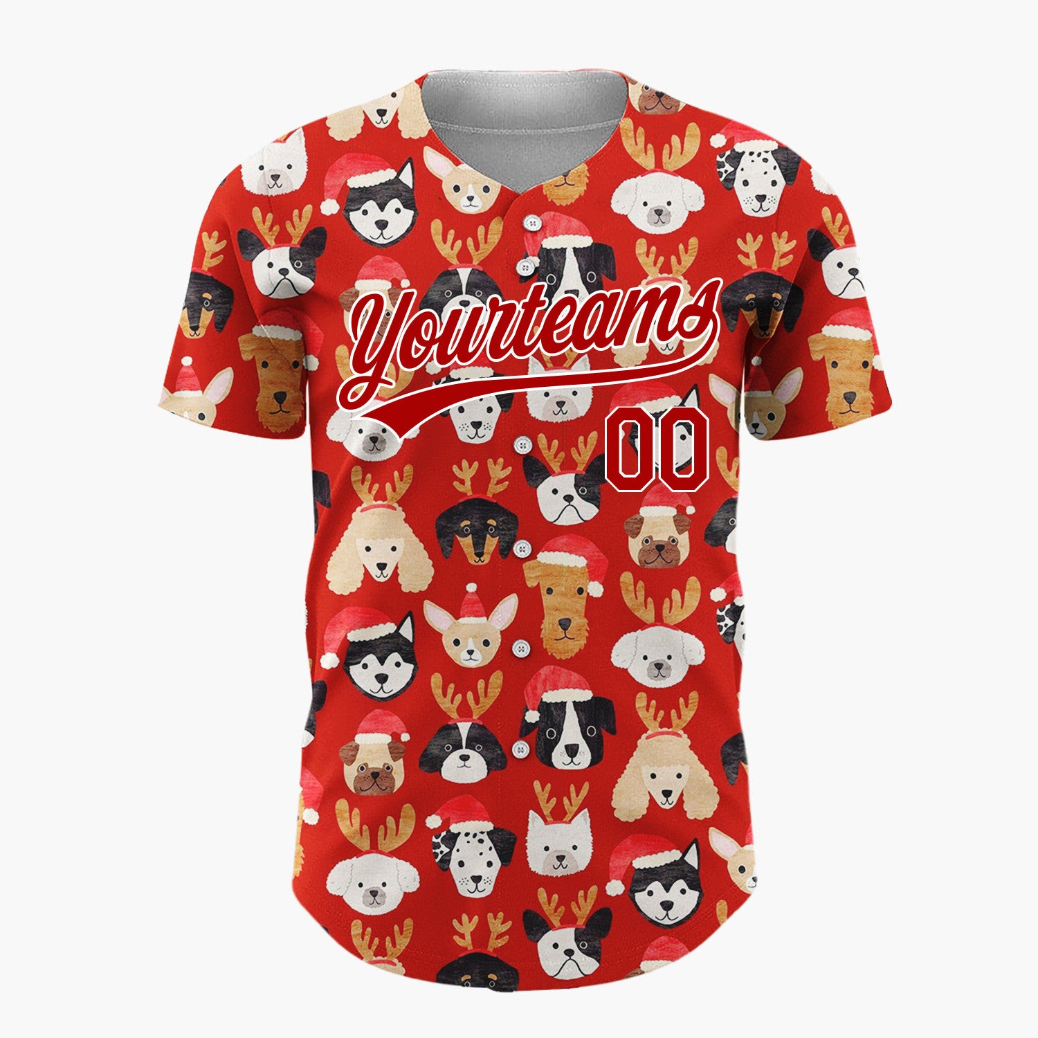 Custom Red Adorable Puppies With Santa Hats Cartoon Pattern Christmas Baseball Jersey