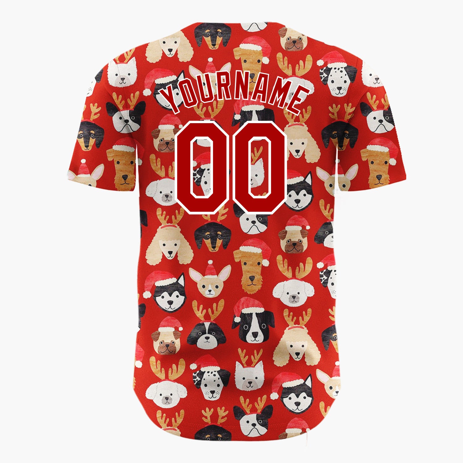 Custom Red Adorable Puppies With Santa Hats Cartoon Pattern Christmas Baseball Jersey
