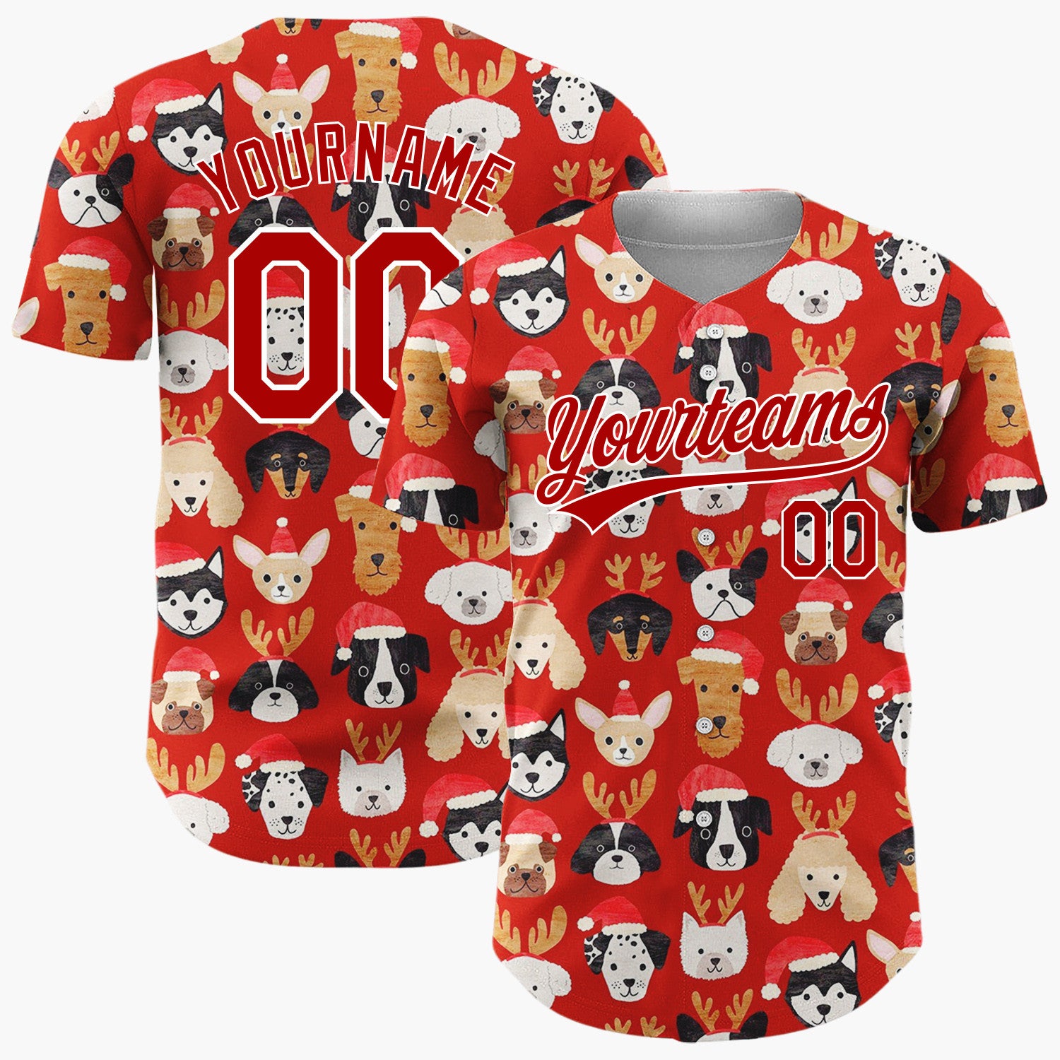 Custom Red Adorable Puppies With Santa Hats Cartoon Pattern Christmas Baseball Jersey