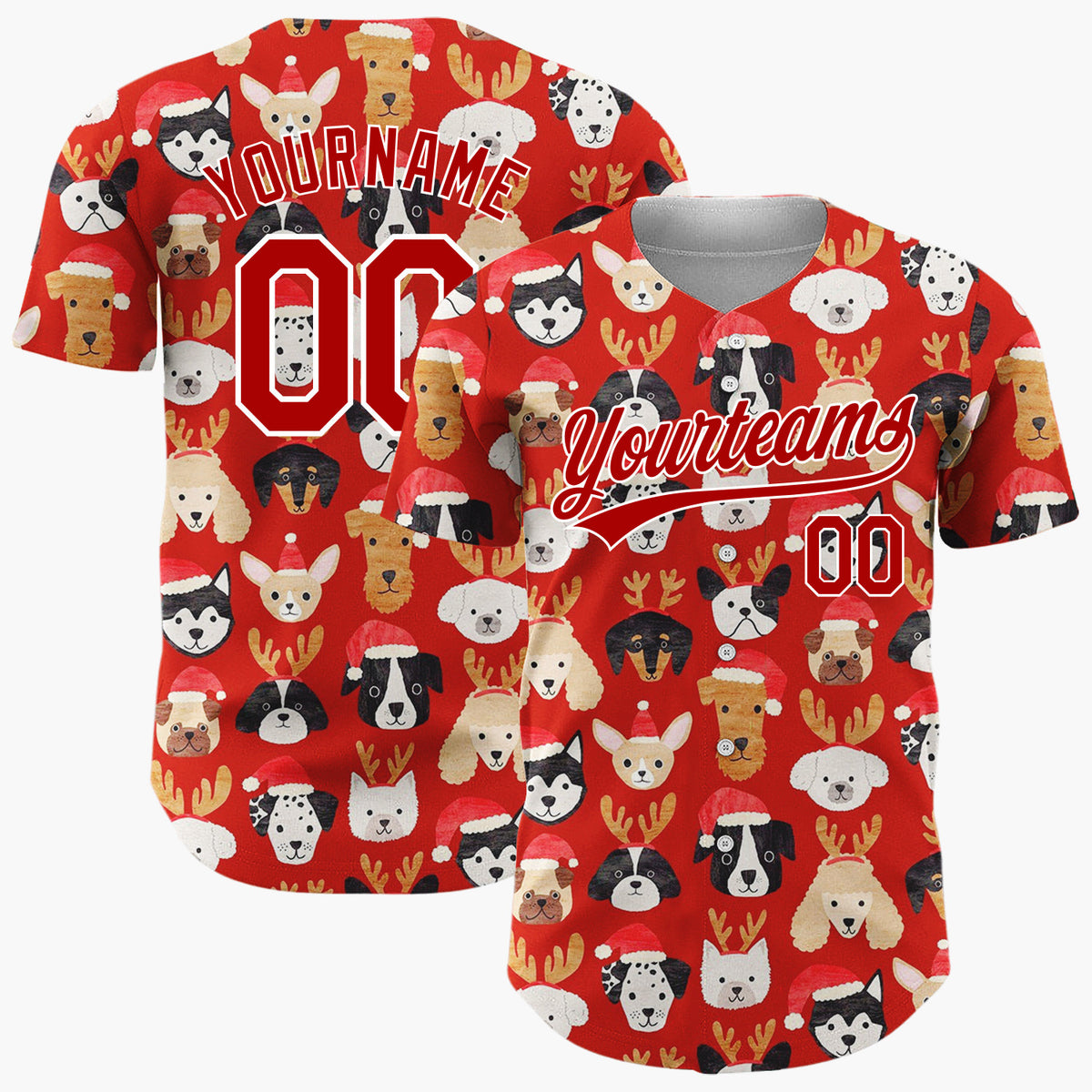 Custom Red Adorable Puppies With Santa Hats Cartoon Pattern Christmas Baseball Jersey