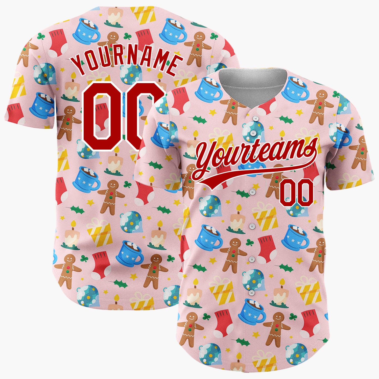 Custom Pink Red Blue Gingerbread Man Mug Candle Christmas Baseball Jersey