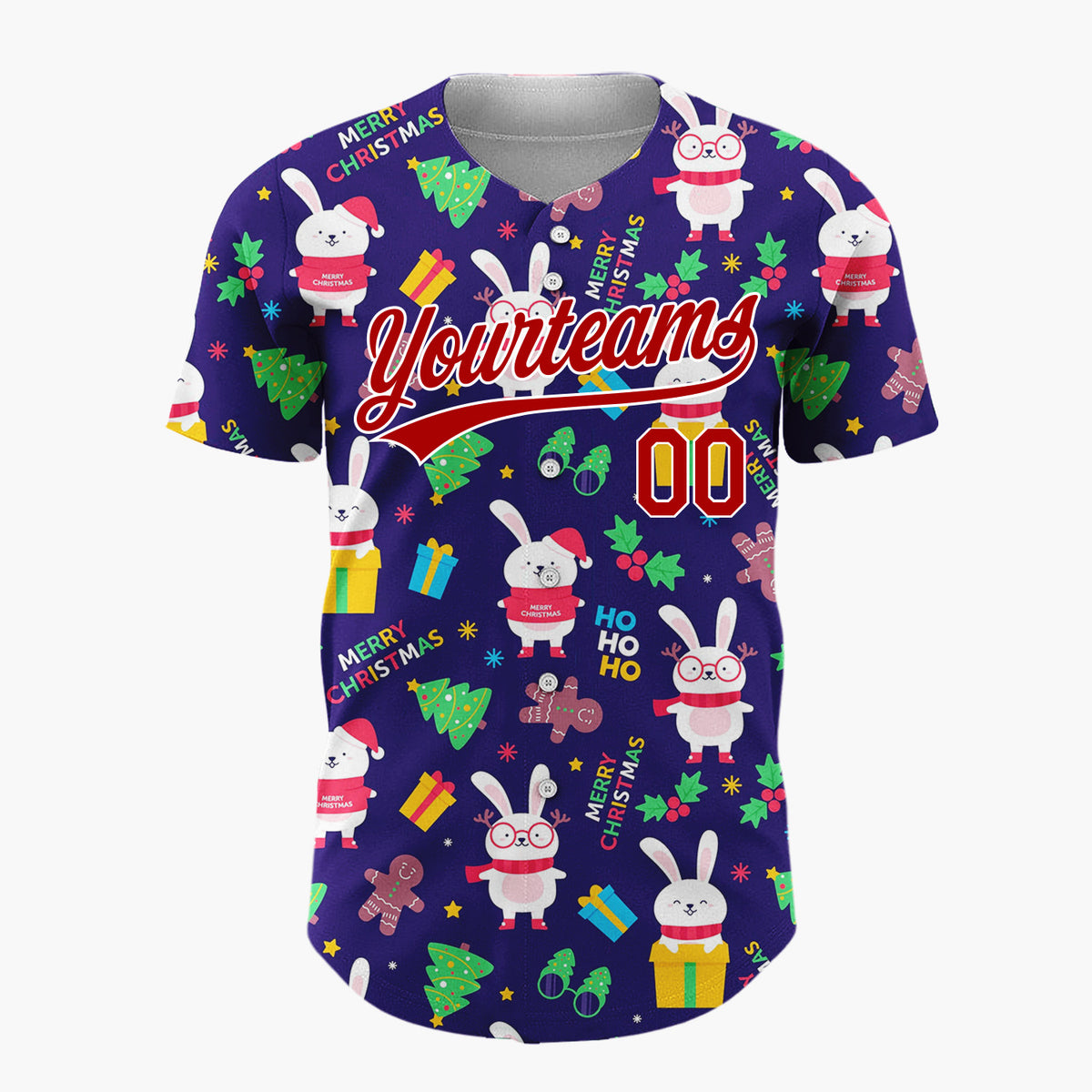 Custom Navy Yellow Bunnies Gifts And Trees Merry Christmas Baseball Jersey