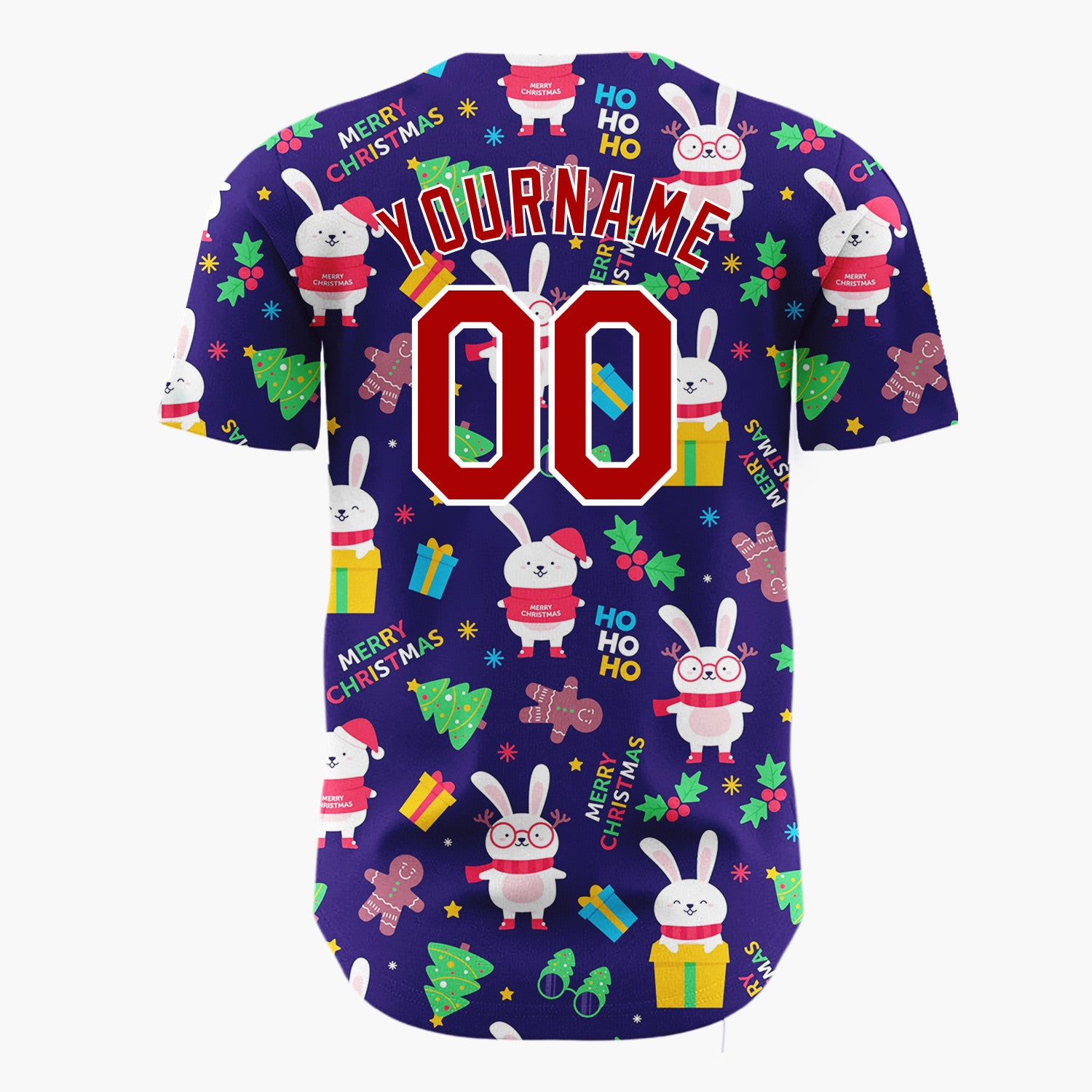 Custom Navy Yellow Bunnies Gifts And Trees Merry Christmas Baseball Jersey