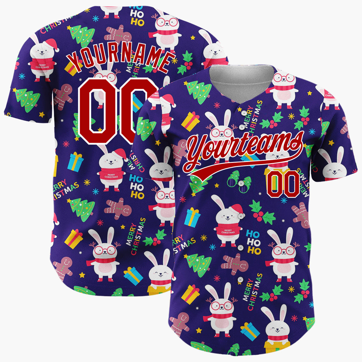 Custom Navy Yellow Bunnies Gifts And Trees Merry Christmas Baseball Jersey