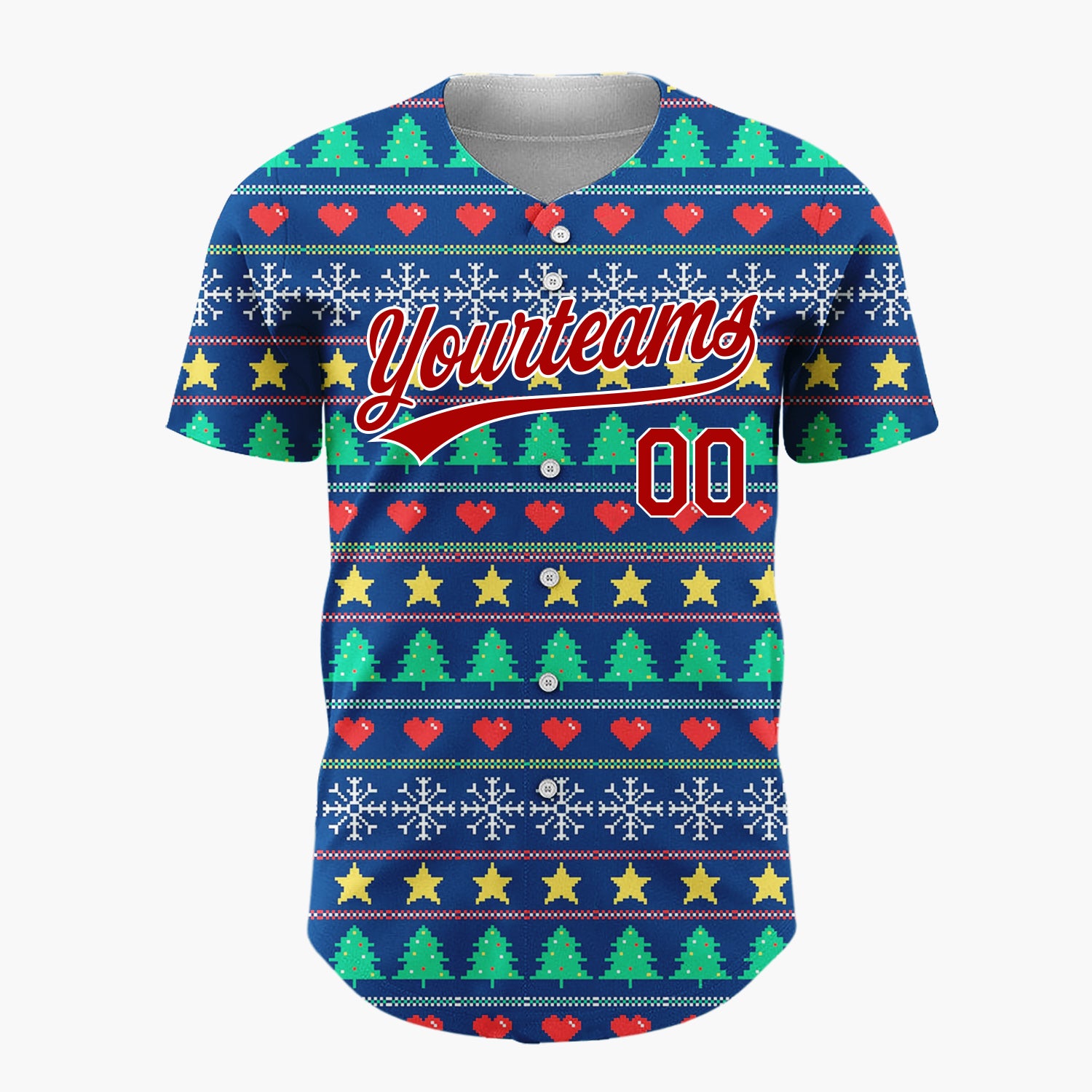 Custom Navy Green Yellow Stars Trees And Hearts Pixel Christmas Baseball Jersey