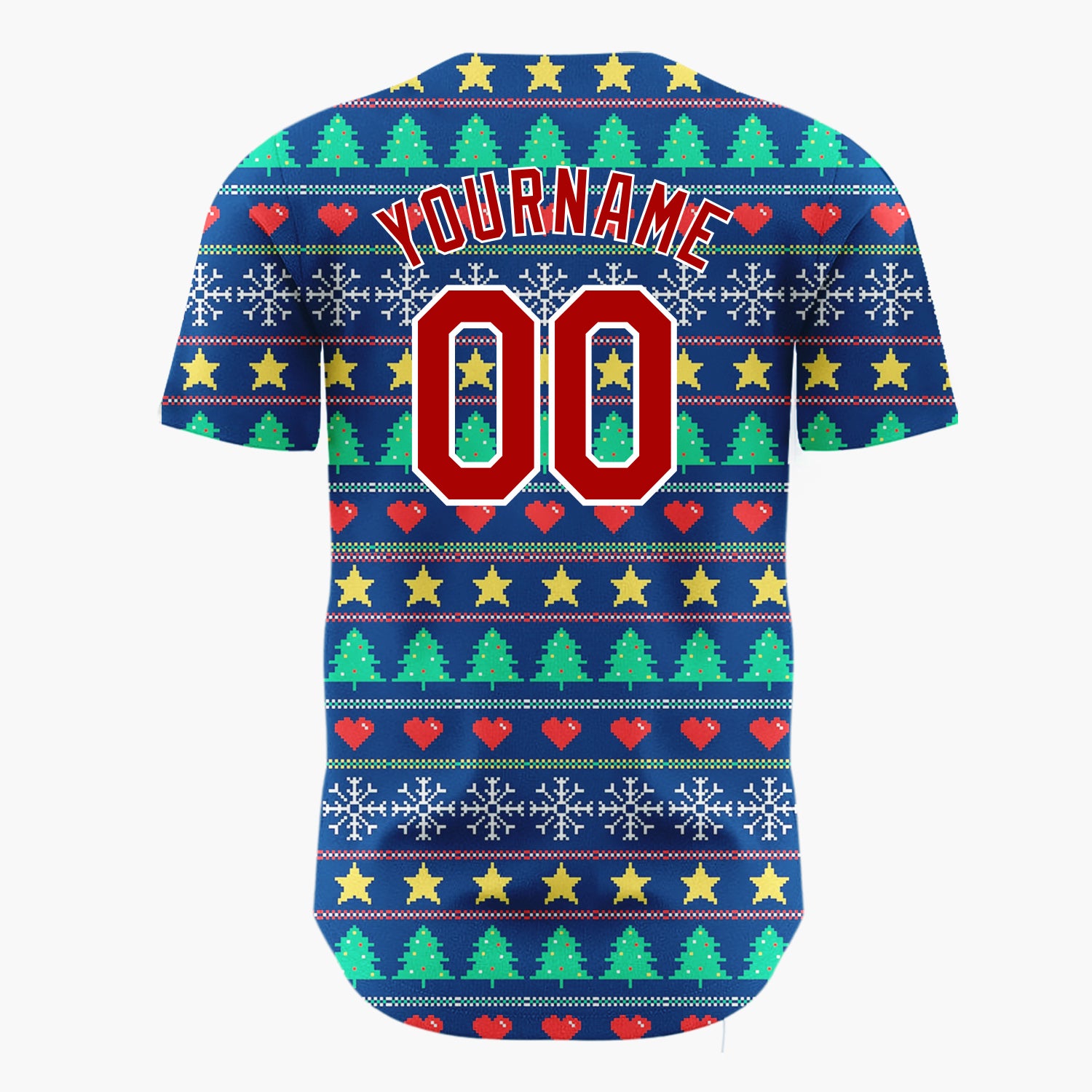 Custom Navy Green Yellow Stars Trees And Hearts Pixel Christmas Baseball Jersey