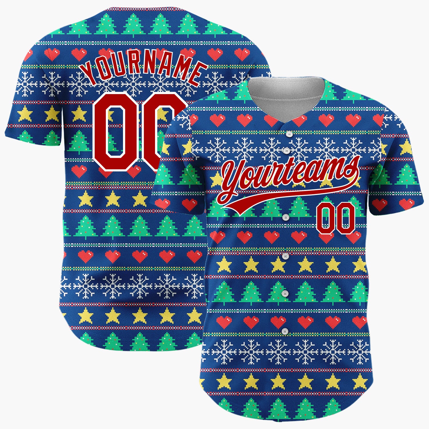 Custom Navy Green Yellow Stars Trees And Hearts Pixel Christmas Baseball Jersey