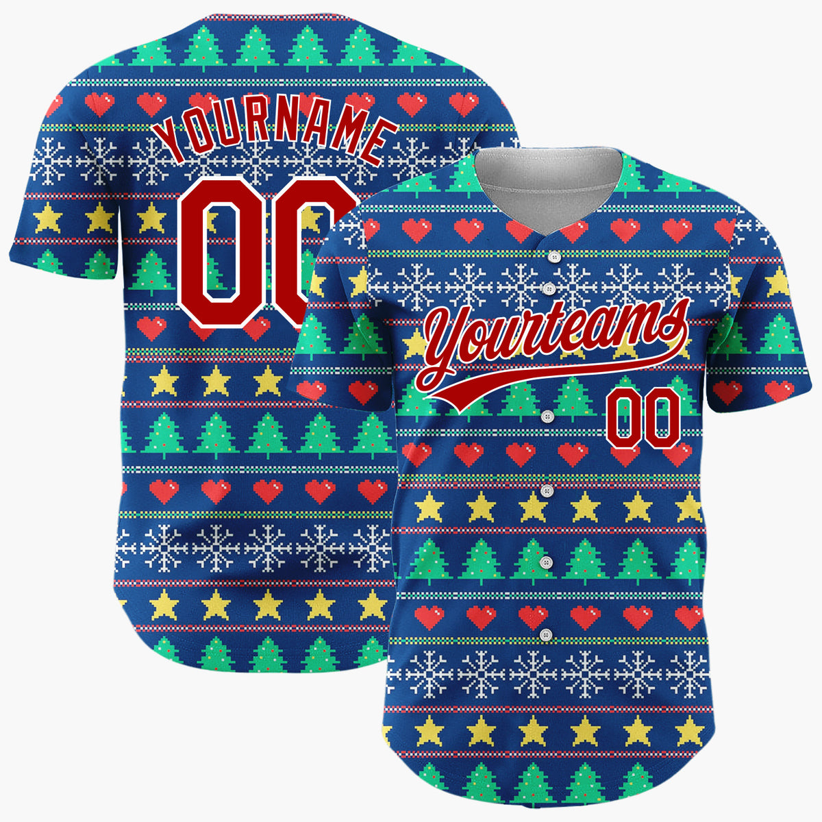 Custom Navy Green Yellow Stars Trees And Hearts Pixel Christmas Baseball Jersey